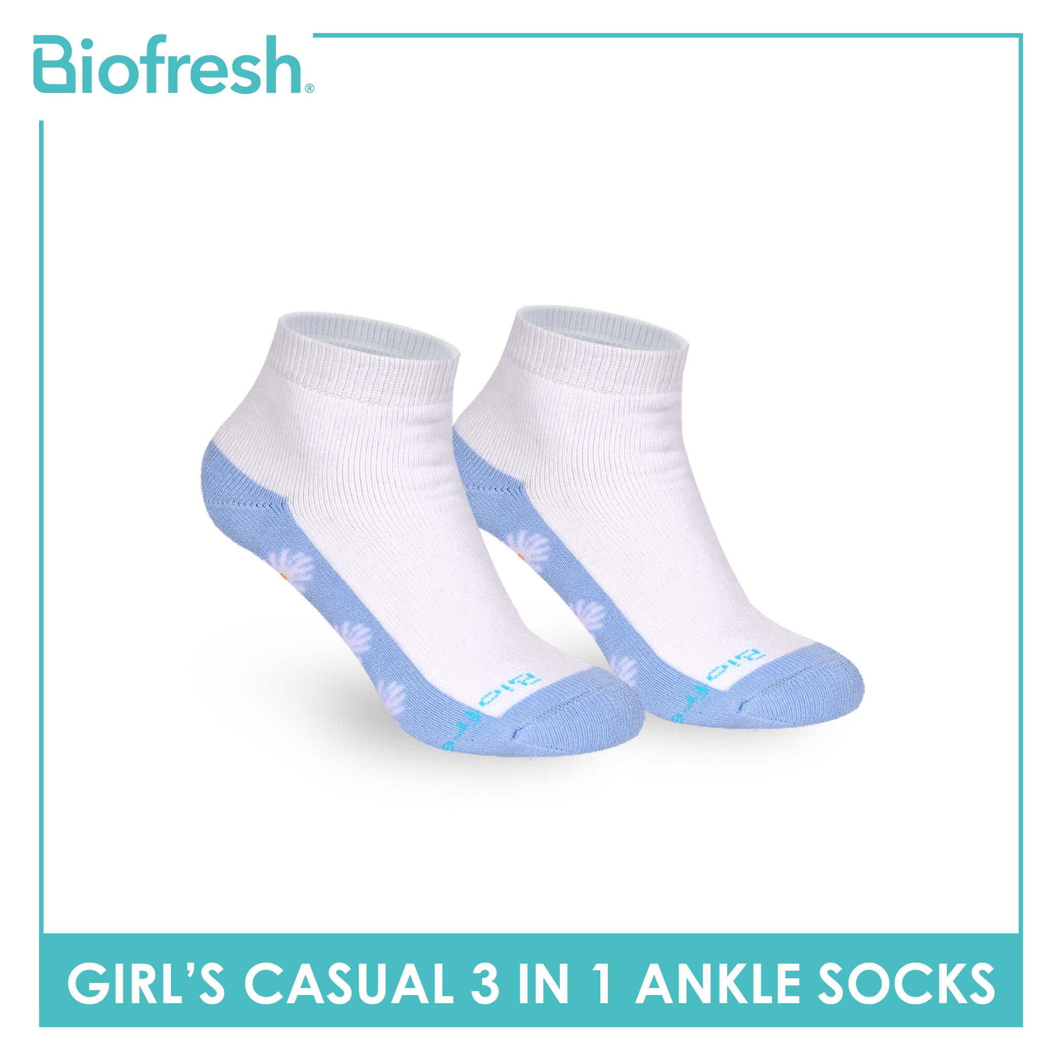 Biofresh Girls’ Antimicrobial Cotton Thick Sports Ankle Socks 3 pairs in 1 pack RGSKG30