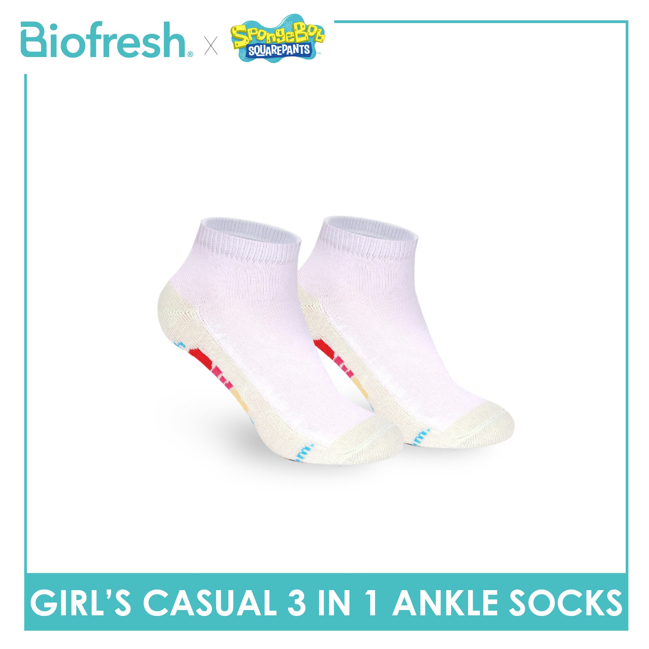 Biofresh | SpongeBob Girls' Antimicrobial Cotton Thin Casual Ankle Socks 3 pairs in 1 pack SBRGCKG6