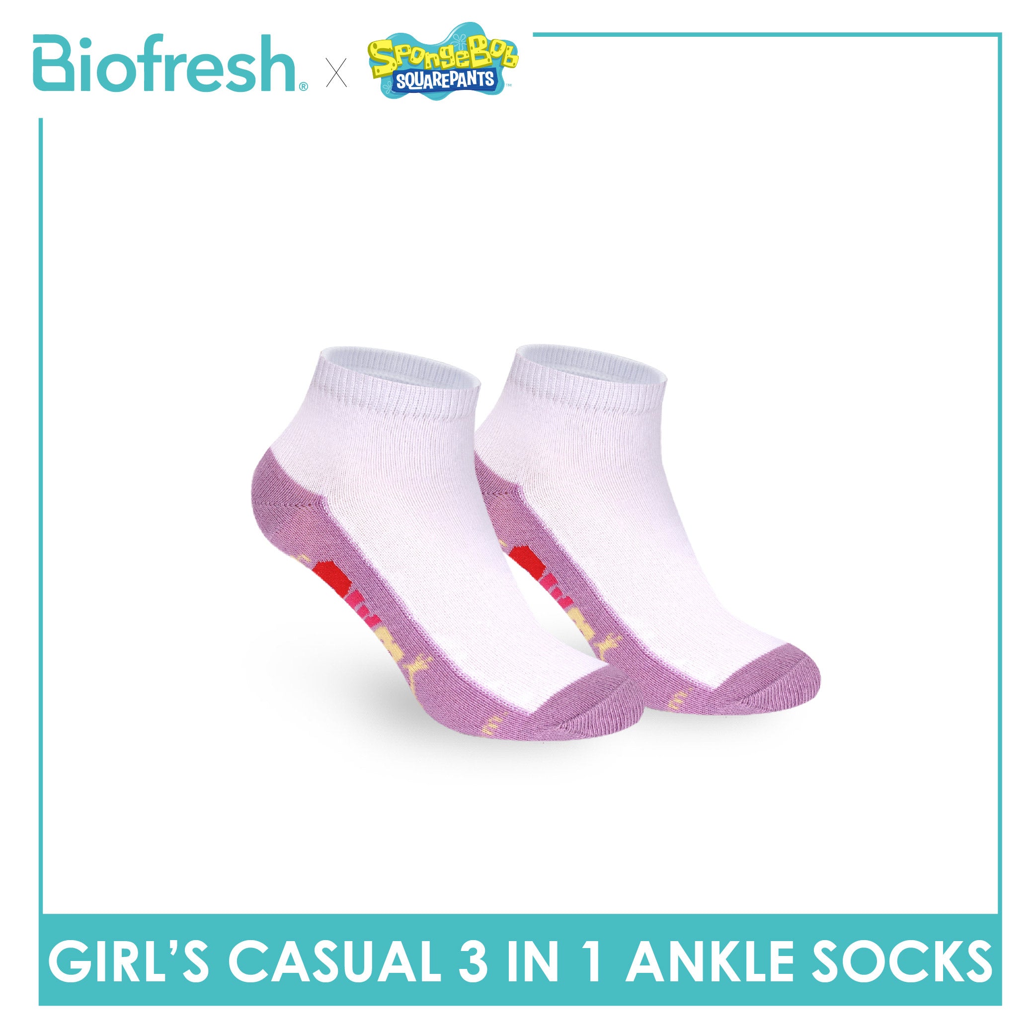 Biofresh | SpongeBob Girls' Antimicrobial Cotton Thin Casual Ankle Socks 3 pairs in 1 pack SBRGCKG6