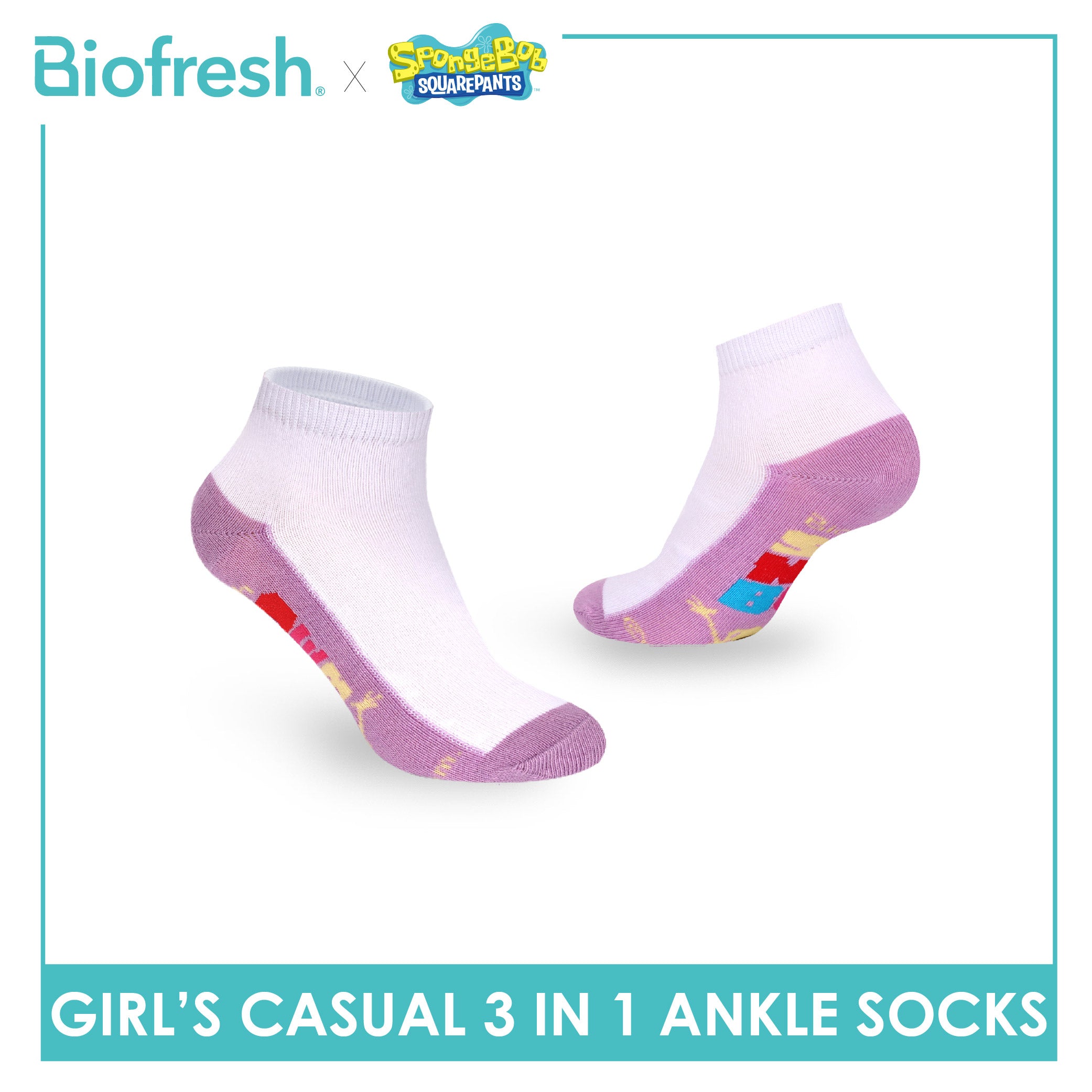 Biofresh | SpongeBob Girls' Antimicrobial Cotton Thin Casual Ankle Socks 3 pairs in 1 pack SBRGCKG6