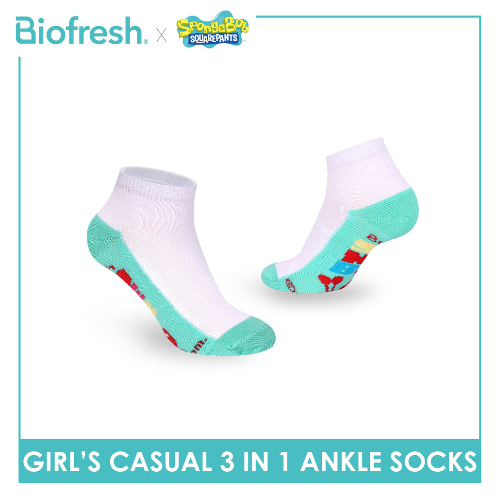 Biofresh | SpongeBob Girls' Antimicrobial Cotton Thin Casual Ankle Socks 3 pairs in 1 pack SBRGCKG6
