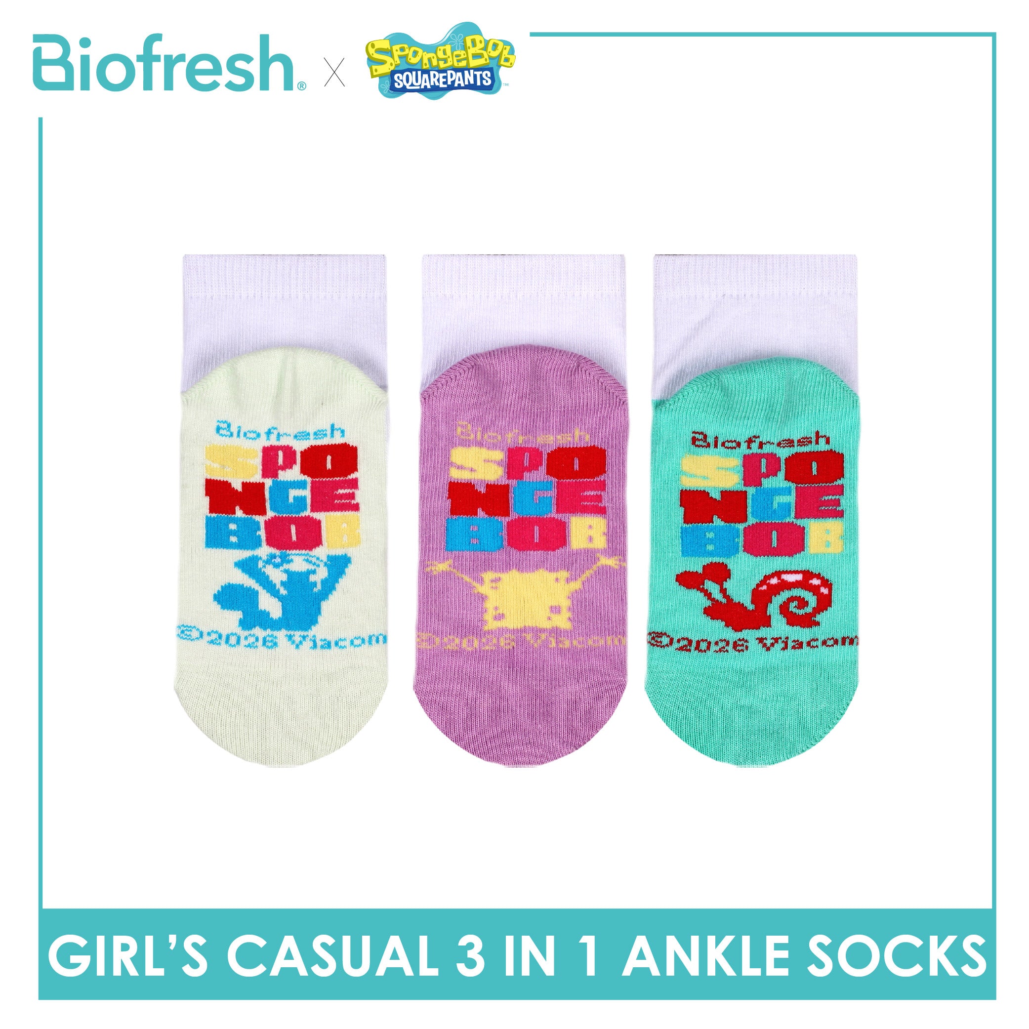Biofresh | SpongeBob Girls' Antimicrobial Cotton Thin Casual Ankle Socks 3 pairs in 1 pack SBRGCKG6