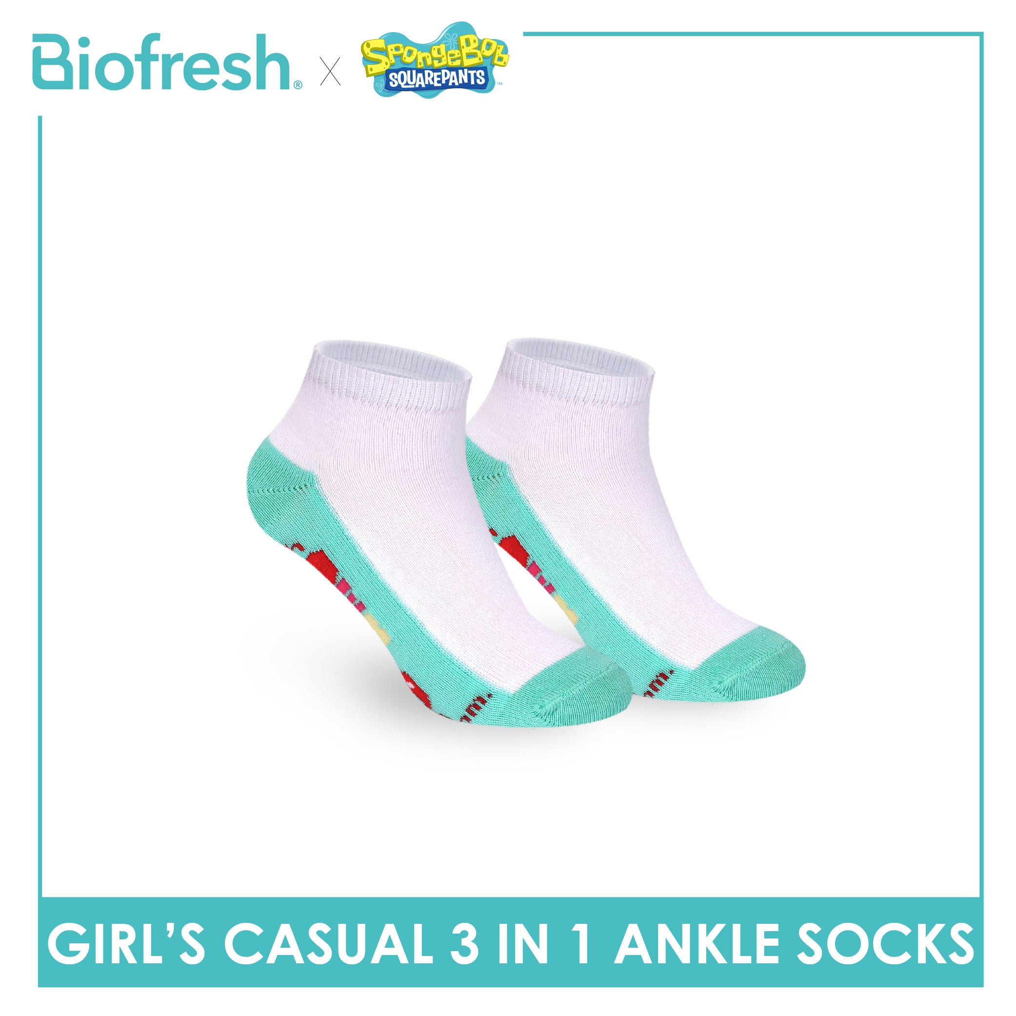 Biofresh | SpongeBob Girls' Antimicrobial Cotton Thin Casual Ankle Socks 3 pairs in 1 pack SBRGCKG6
