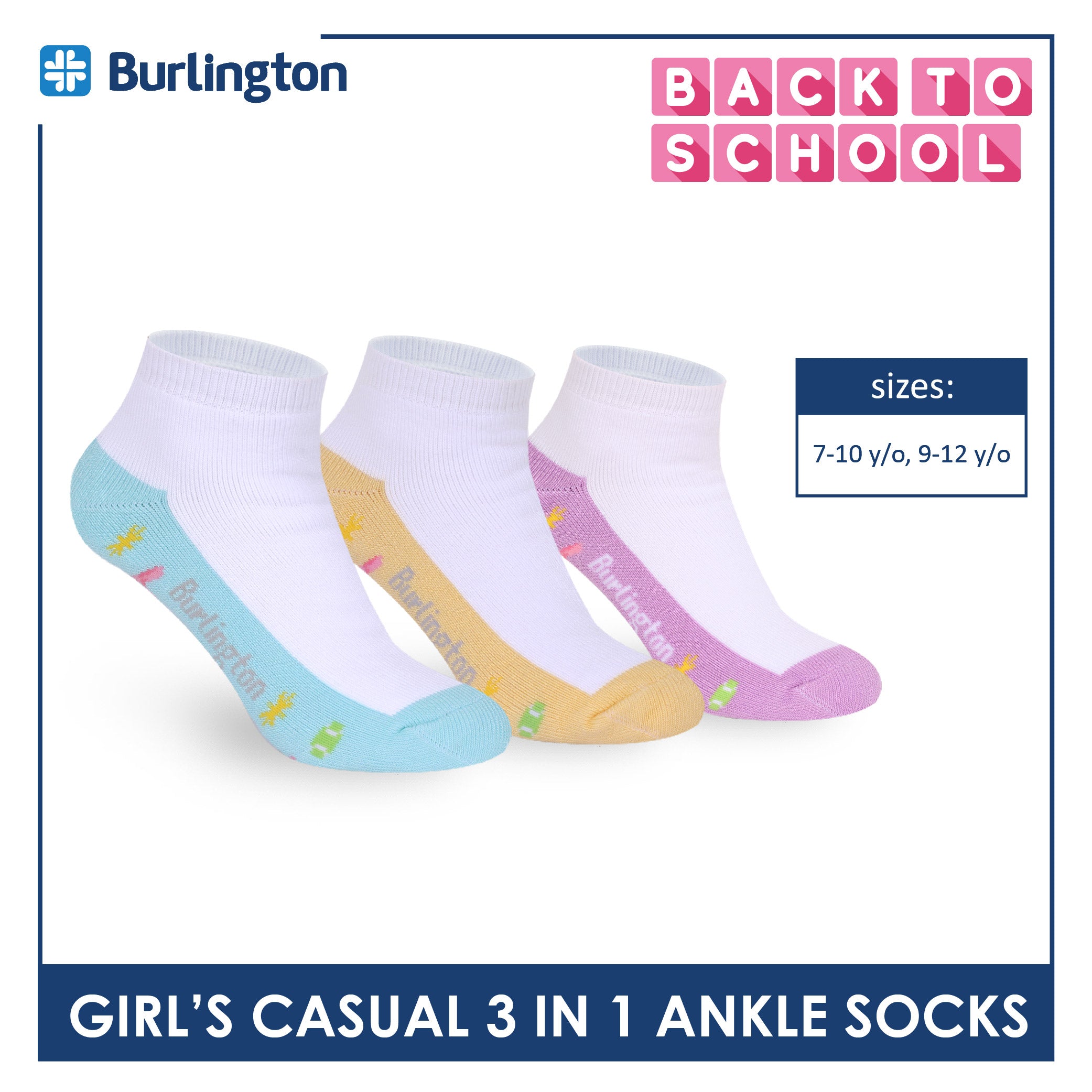 Burlington Girls’ Cotton Sports Ankle Socks 3 pairs in 1 pack BGSKG24