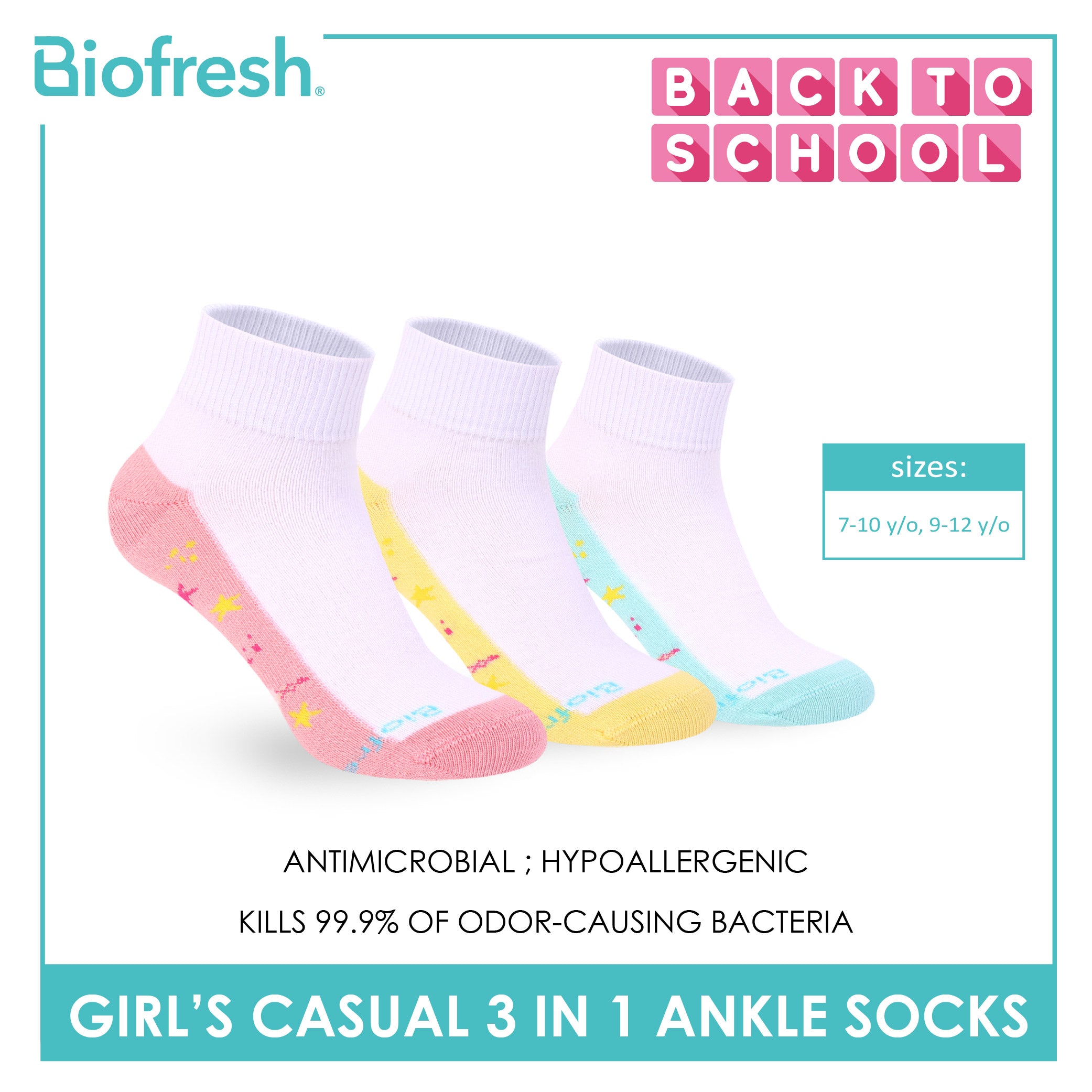 Biofresh Girls’ Antimicrobial Cotton Thin Casual Ankle Socks 3 pairs in 1 pack RGCKG72
