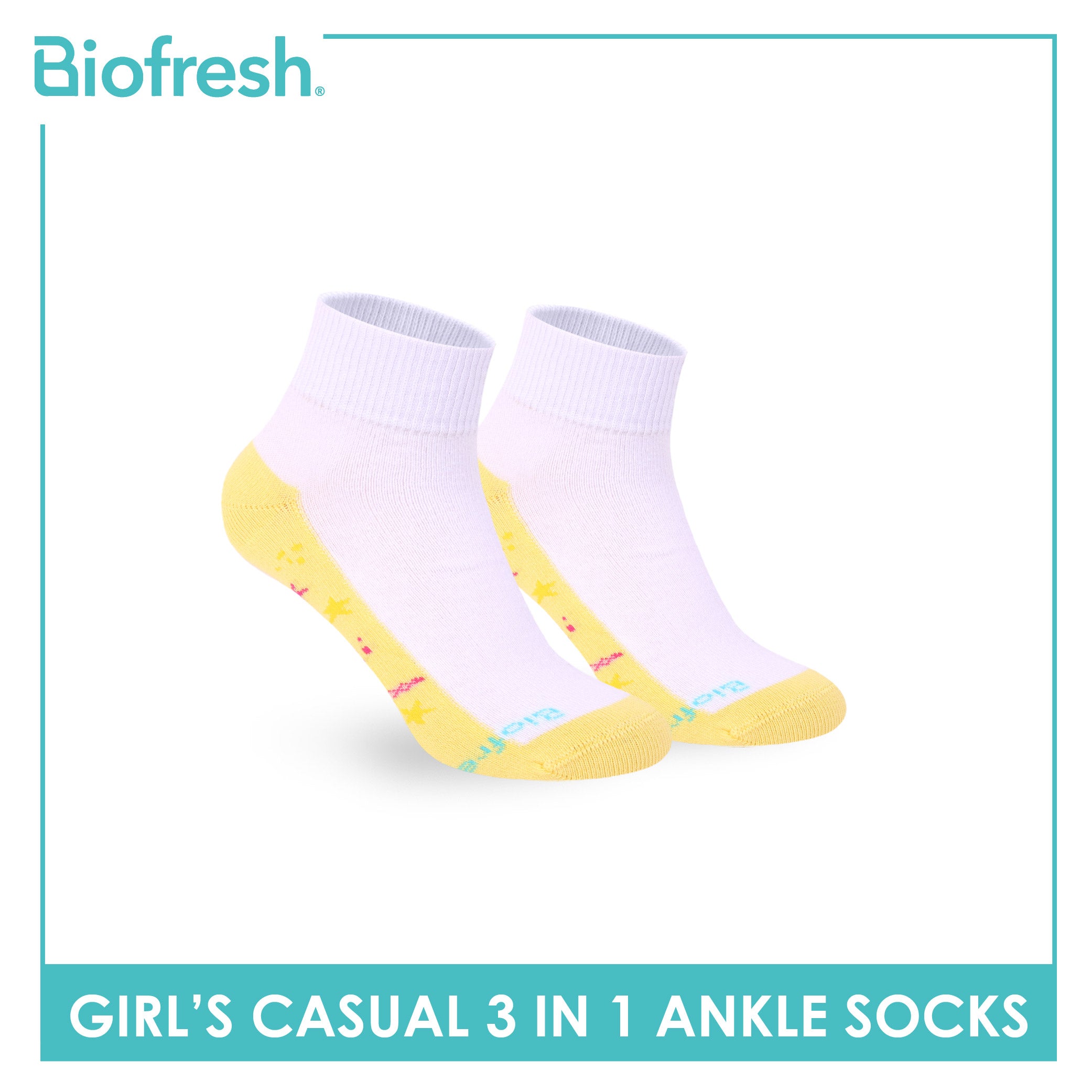 Biofresh Girls’ Antimicrobial Cotton Thin Casual Ankle Socks 3 pairs in 1 pack RGCKG72
