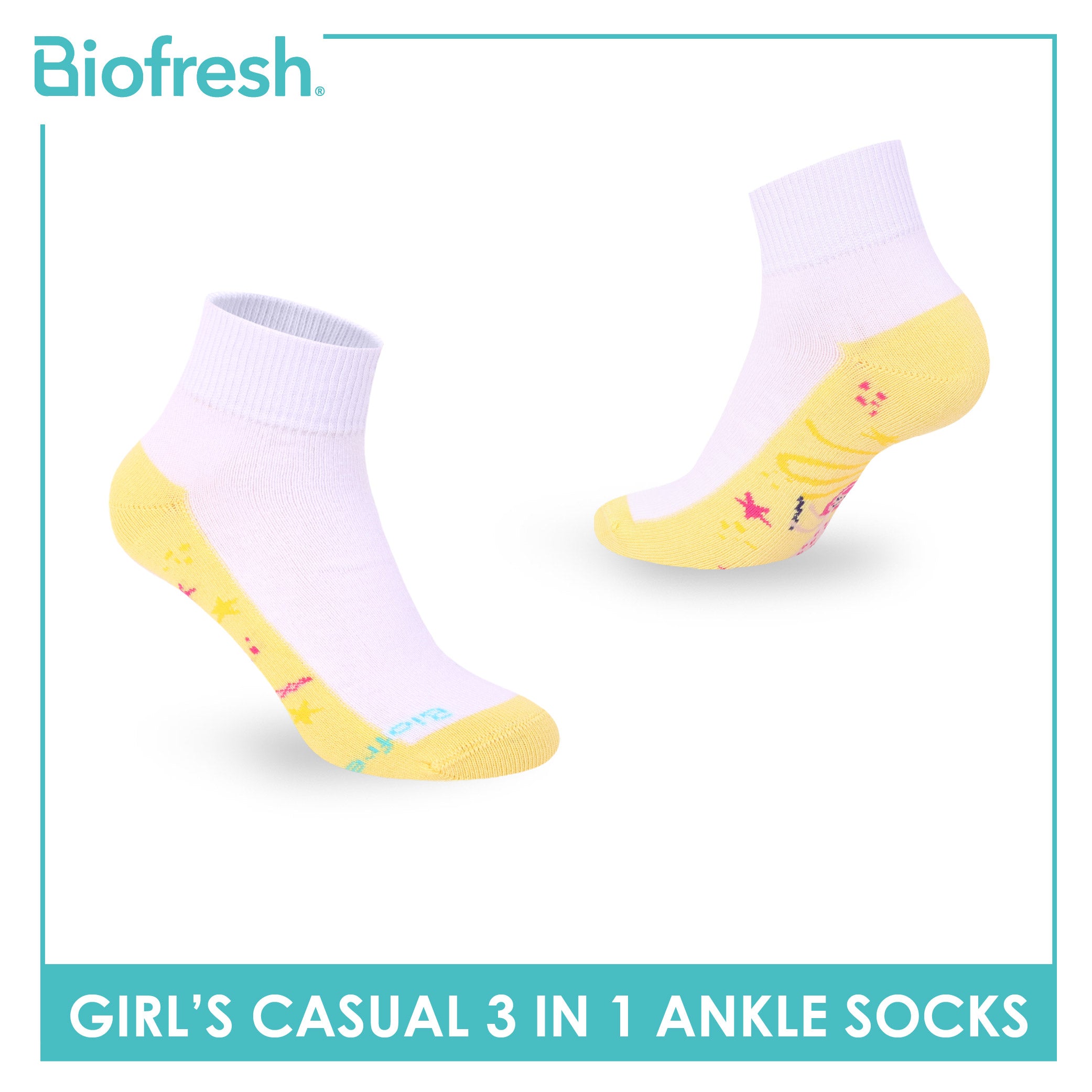 Biofresh Girls’ Antimicrobial Cotton Thin Casual Ankle Socks 3 pairs in 1 pack RGCKG72