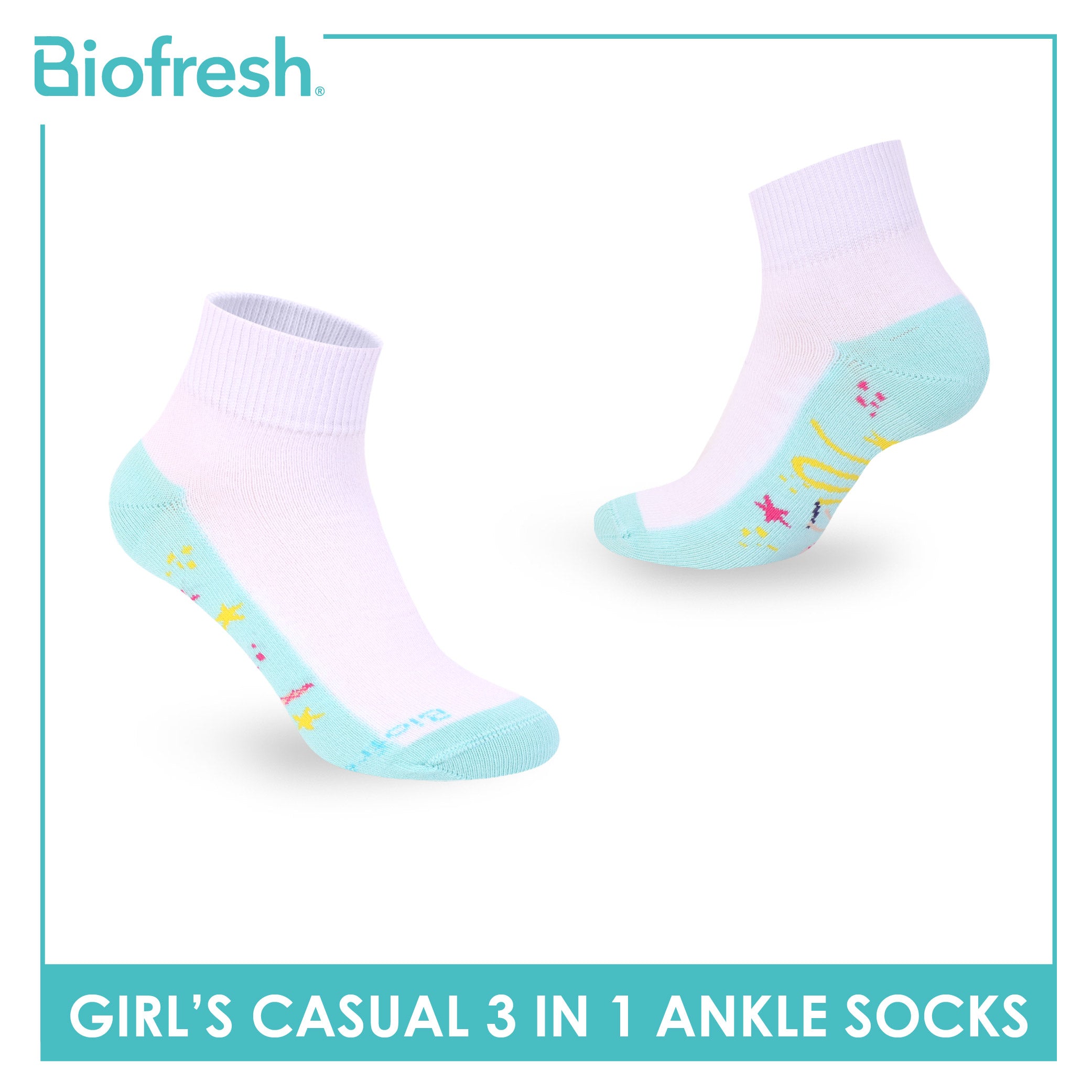 Biofresh Girls’ Antimicrobial Cotton Thin Casual Ankle Socks 3 pairs in 1 pack RGCKG72
