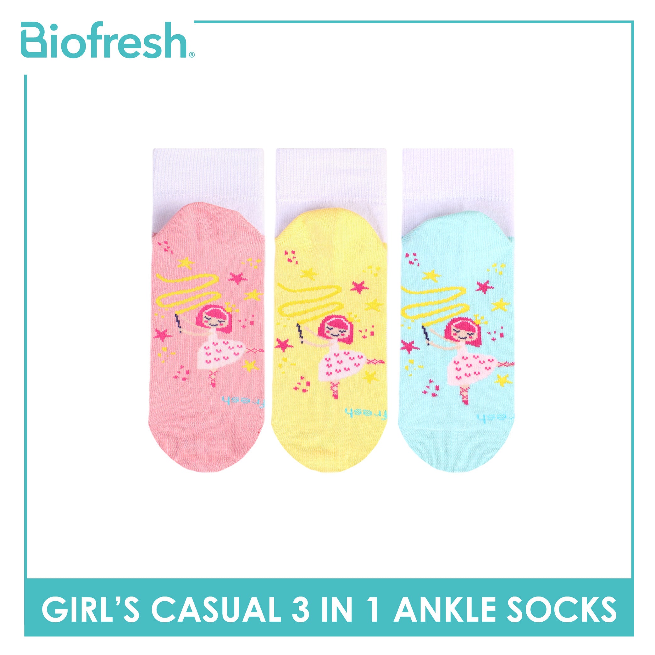 Biofresh Girls’ Antimicrobial Cotton Thin Casual Ankle Socks 3 pairs in 1 pack RGCKG72