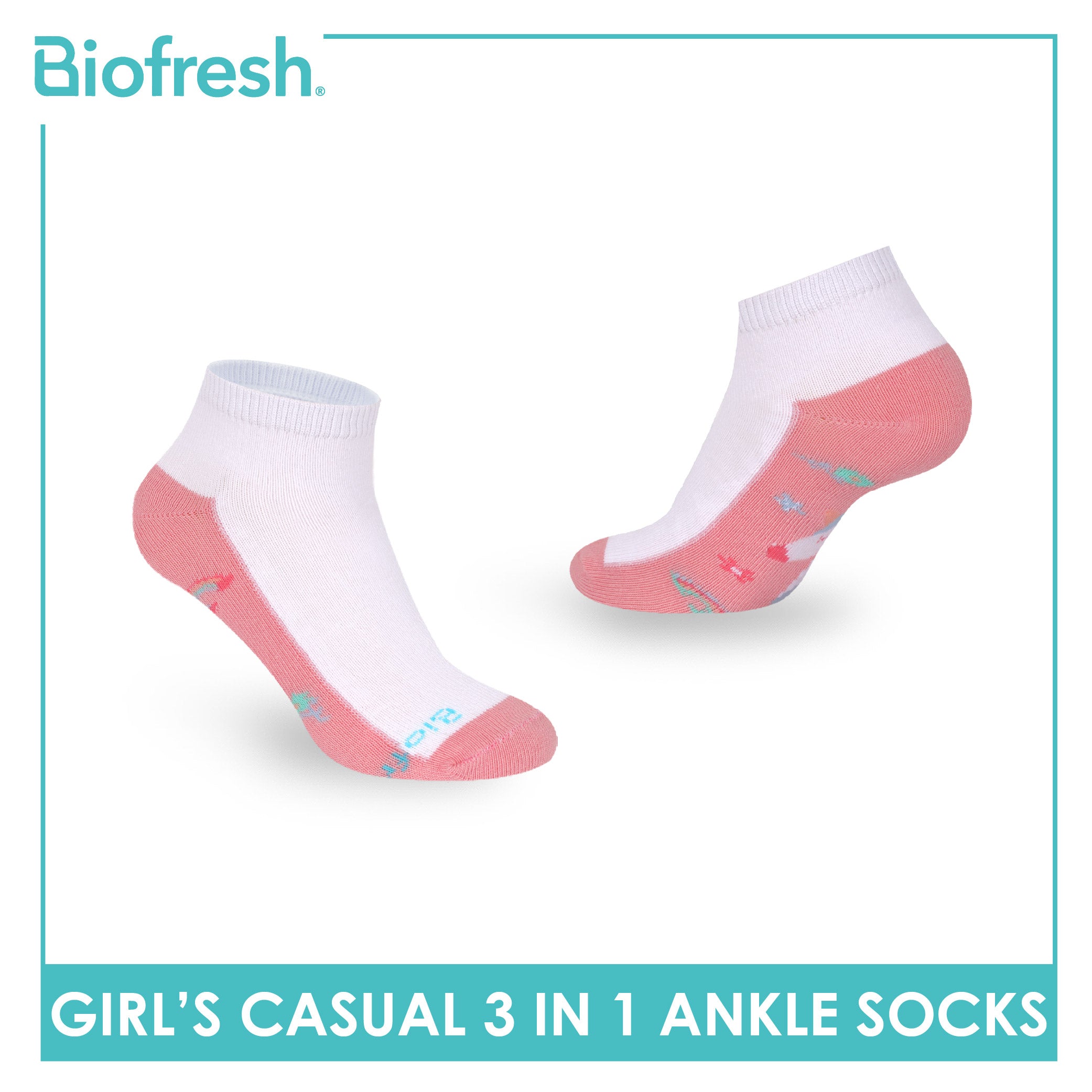 Biofresh Girls’ Antimicrobial Cotton Thin Casual Ankle Socks 3 pairs in 1 pack RGCKG71