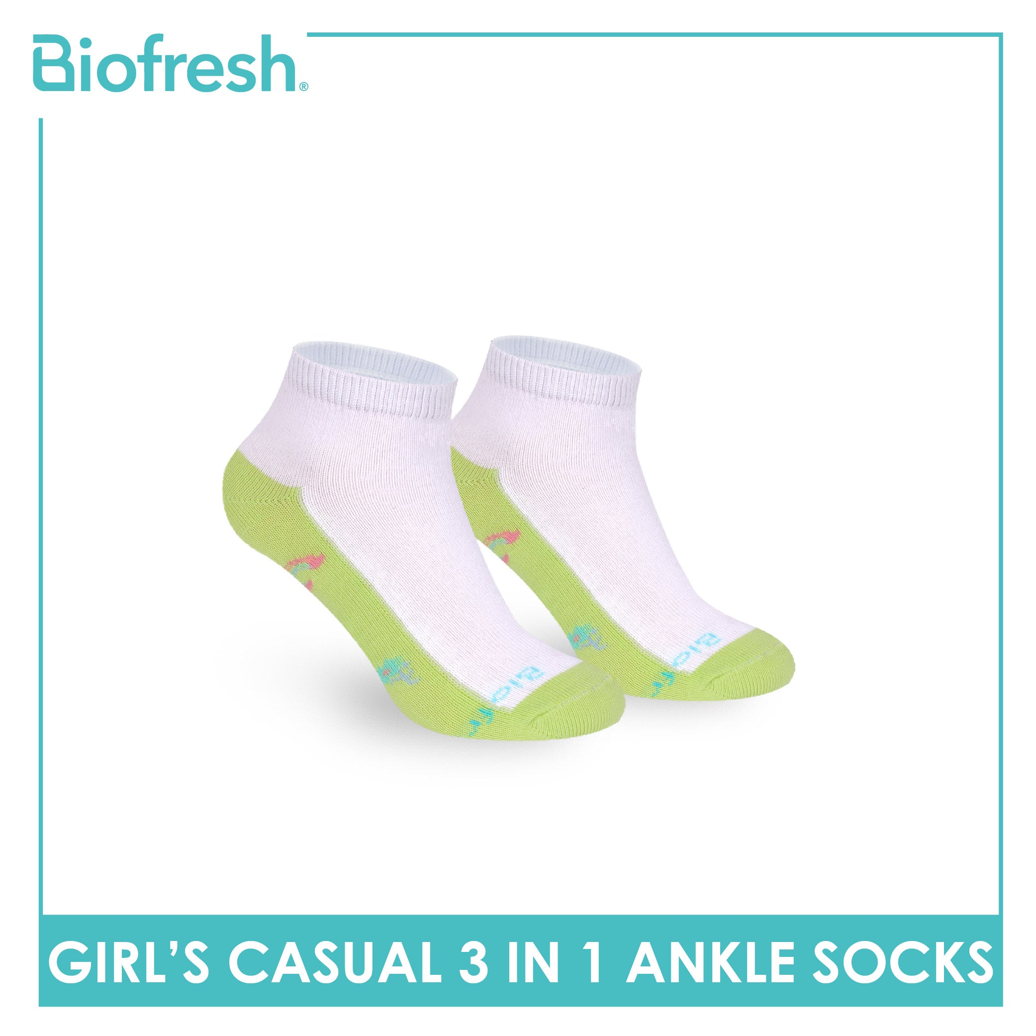 Biofresh Girls’ Antimicrobial Cotton Thin Casual Ankle Socks 3 pairs in 1 pack RGCKG71