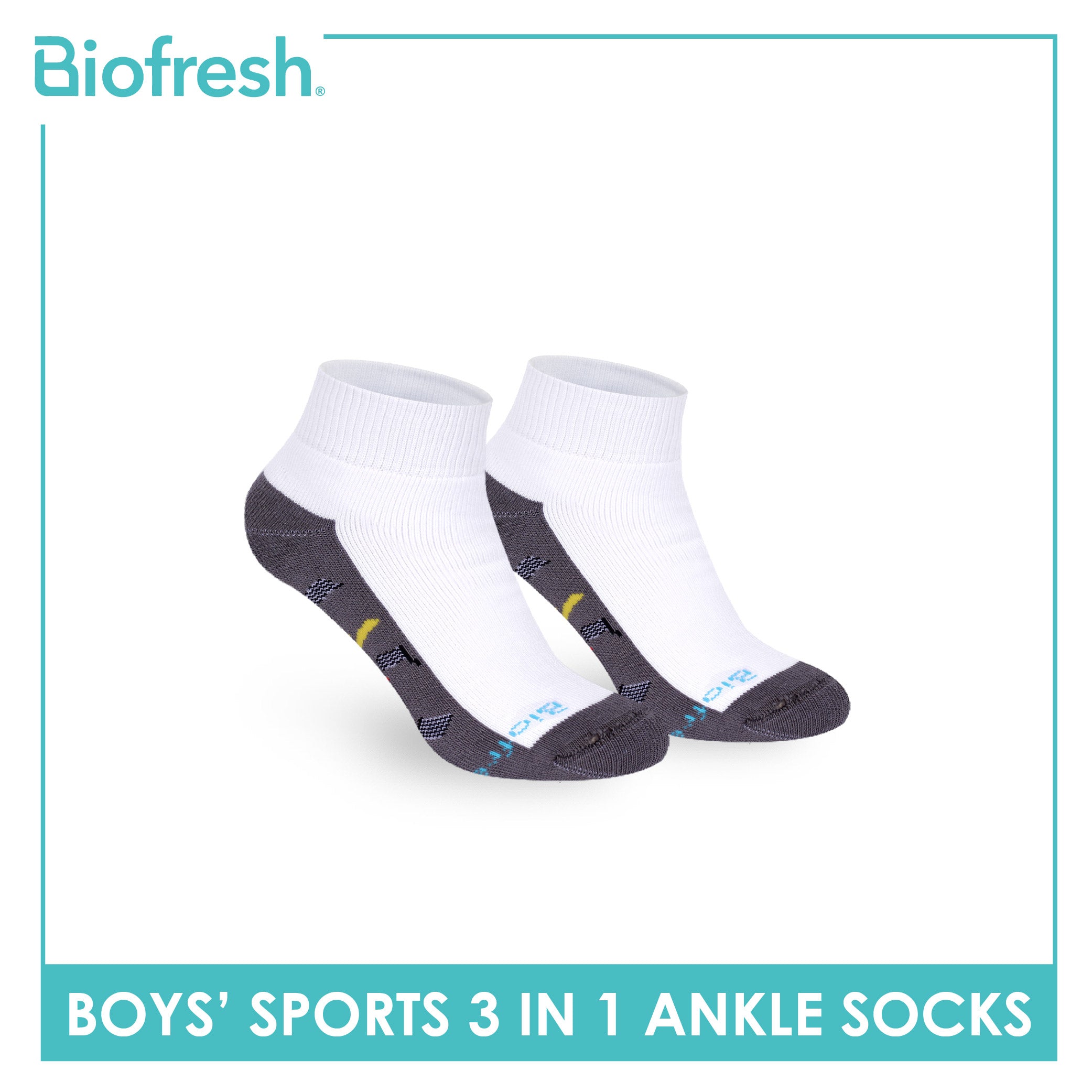 Biofresh Boys’ Antimicrobial Cotton Thick Sports Ankle Socks 3 pairs in 1 pack RBSKG44