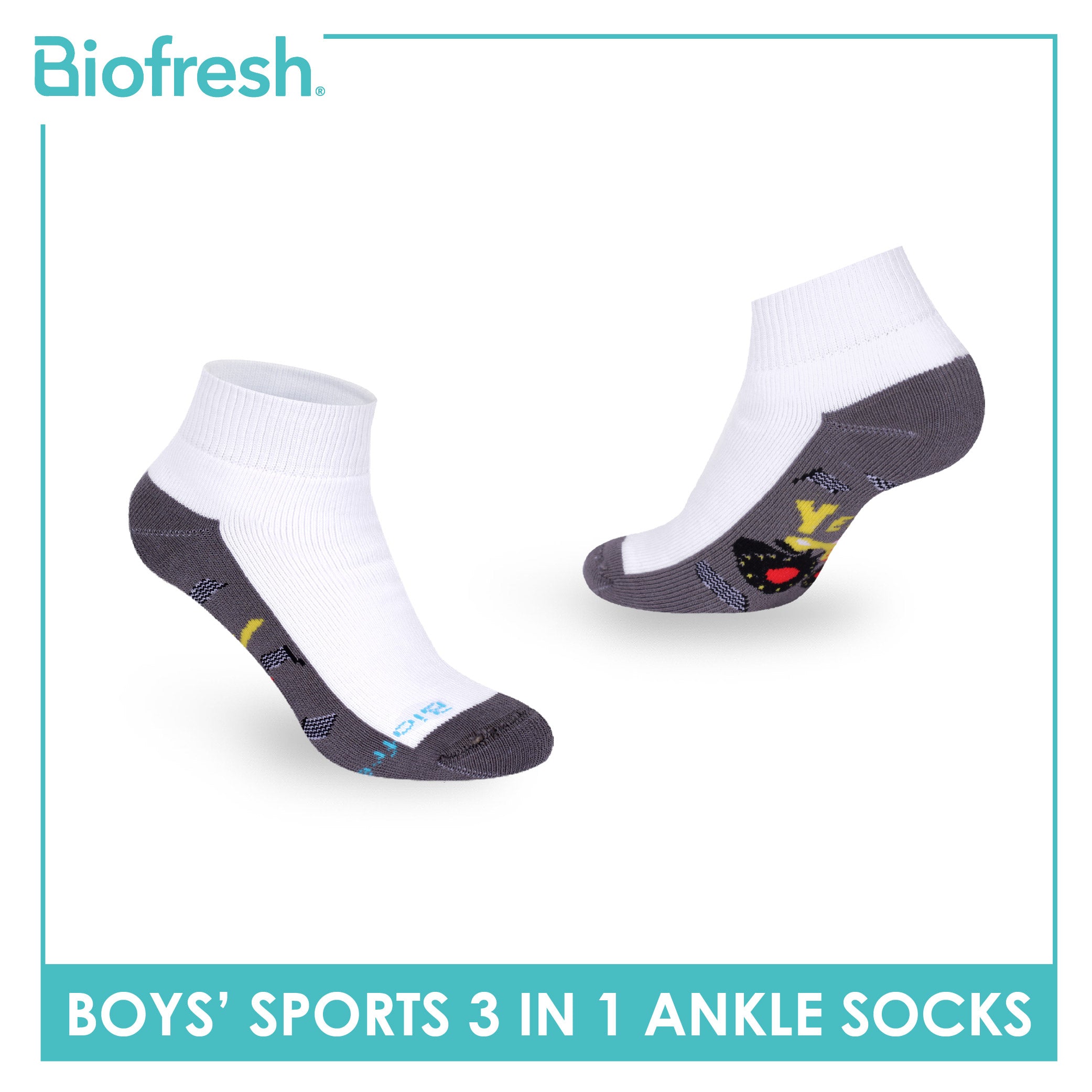 Biofresh Boys’ Antimicrobial Cotton Thick Sports Ankle Socks 3 pairs in 1 pack RBSKG44