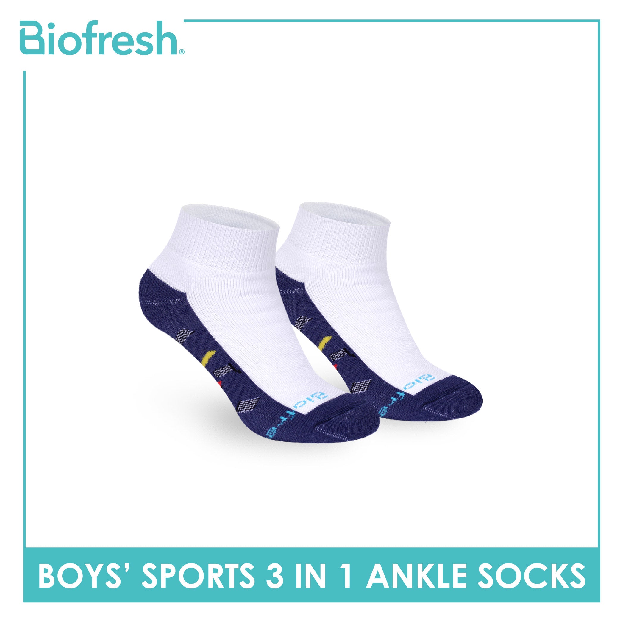 Biofresh Boys’ Antimicrobial Cotton Thick Sports Ankle Socks 3 pairs in 1 pack RBSKG44