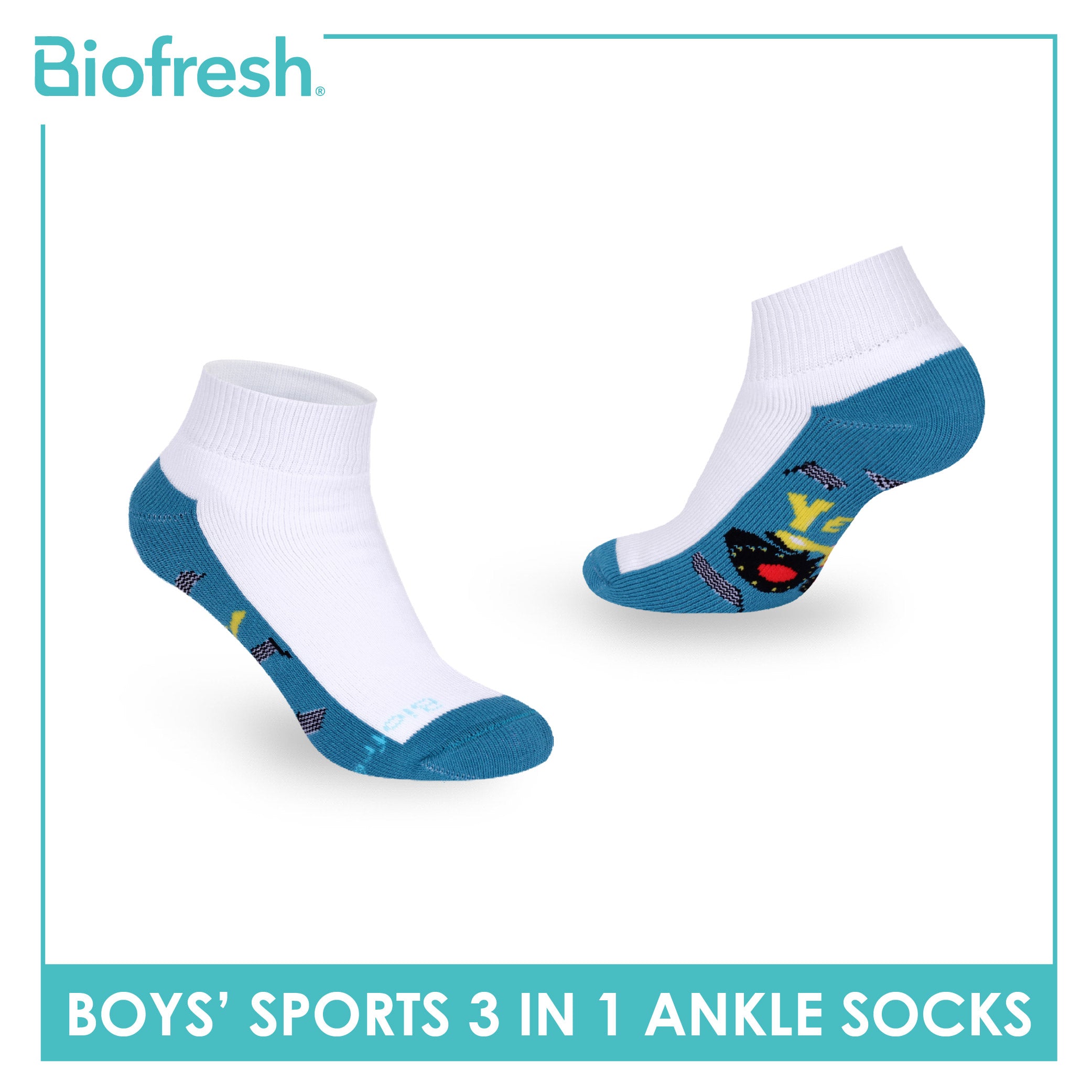 Biofresh Boys’ Antimicrobial Cotton Thick Sports Ankle Socks 3 pairs in 1 pack RBSKG44
