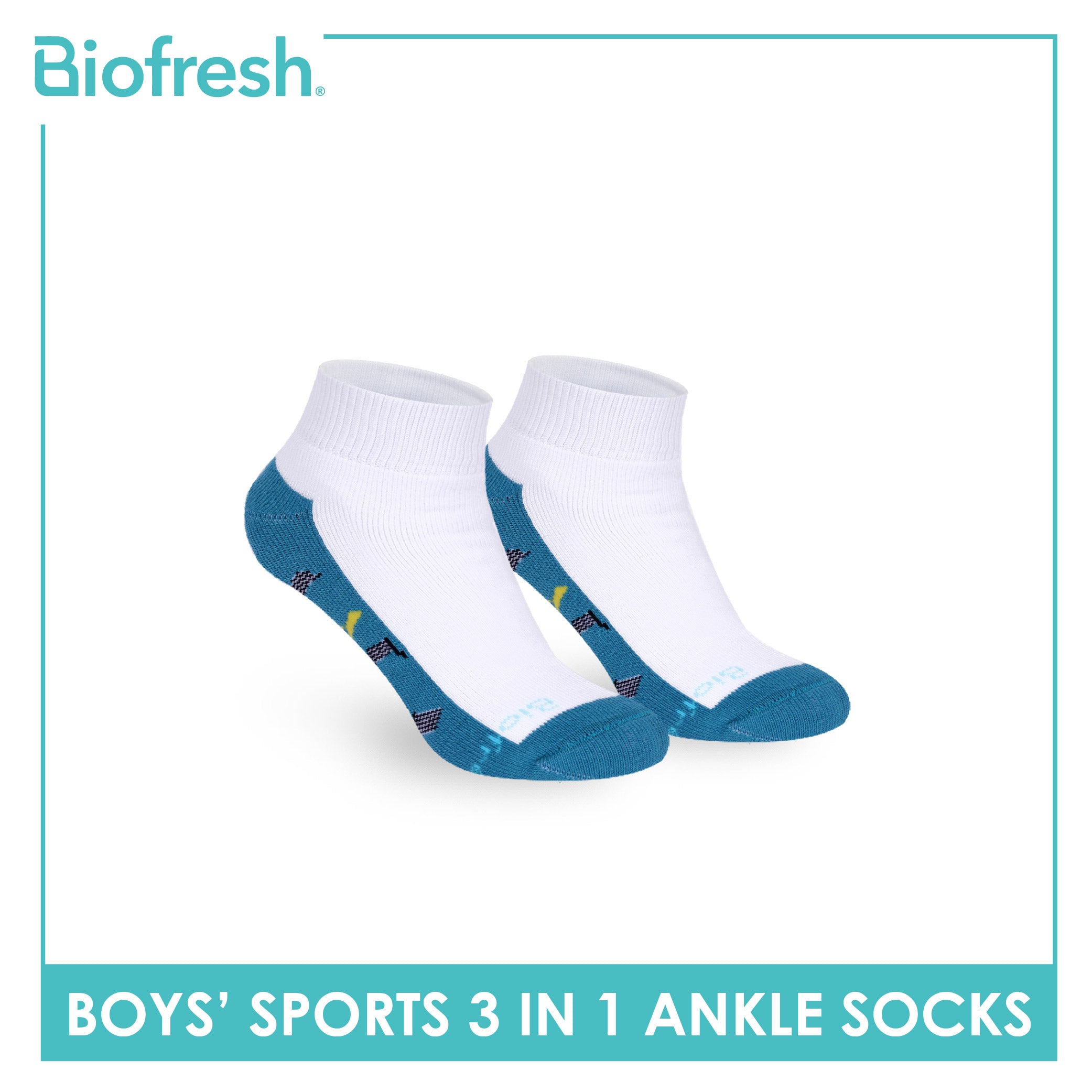 Biofresh Boys’ Antimicrobial Cotton Thick Sports Ankle Socks 3 pairs in 1 pack RBSKG44