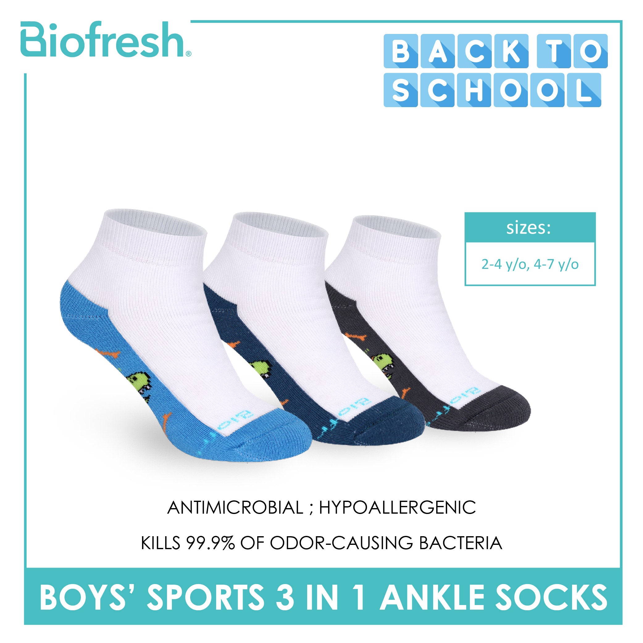 Biofresh Boys’ Antimicrobial Cotton Thick Sports Ankle Socks 3 pairs in 1 pack RBSKG43