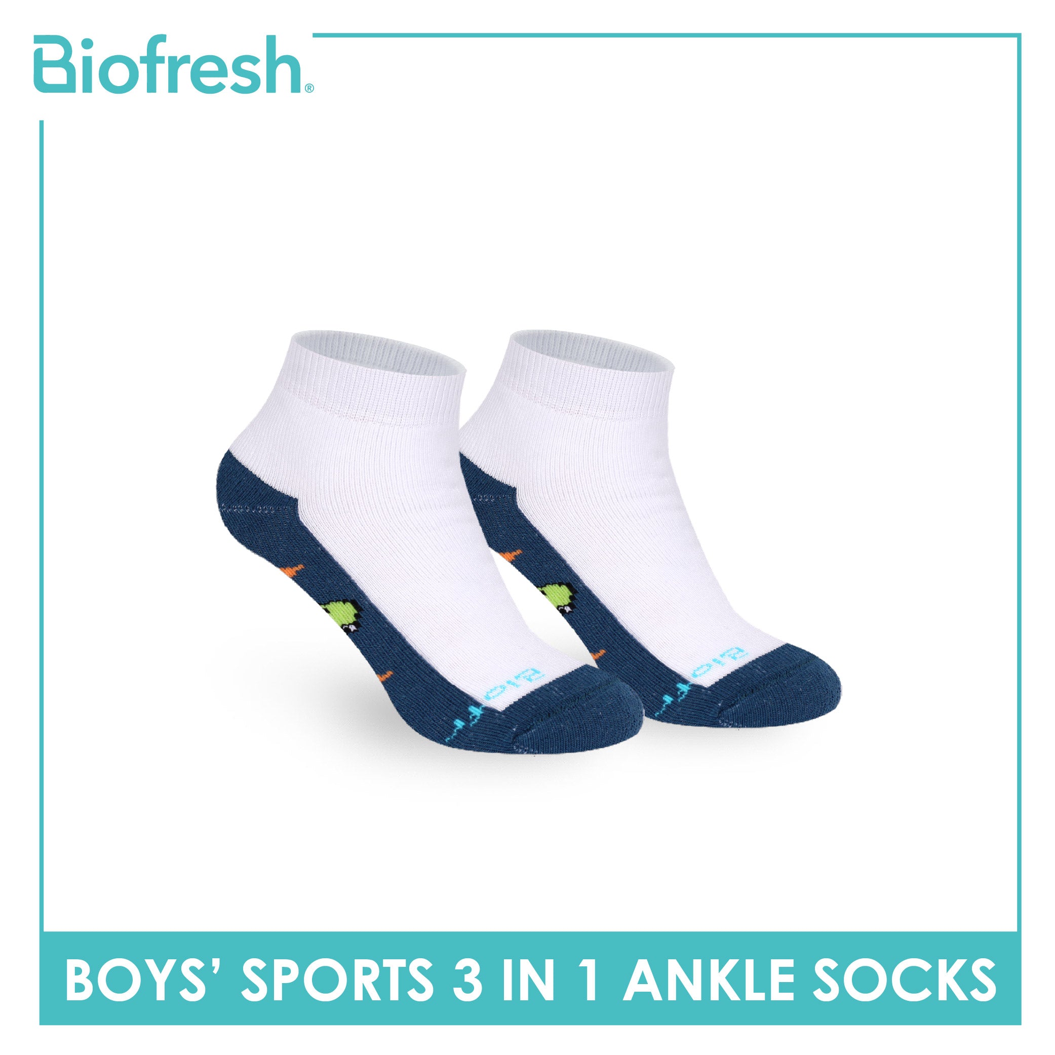 Biofresh Boys’ Antimicrobial Cotton Thick Sports Ankle Socks 3 pairs in 1 pack RBSKG43