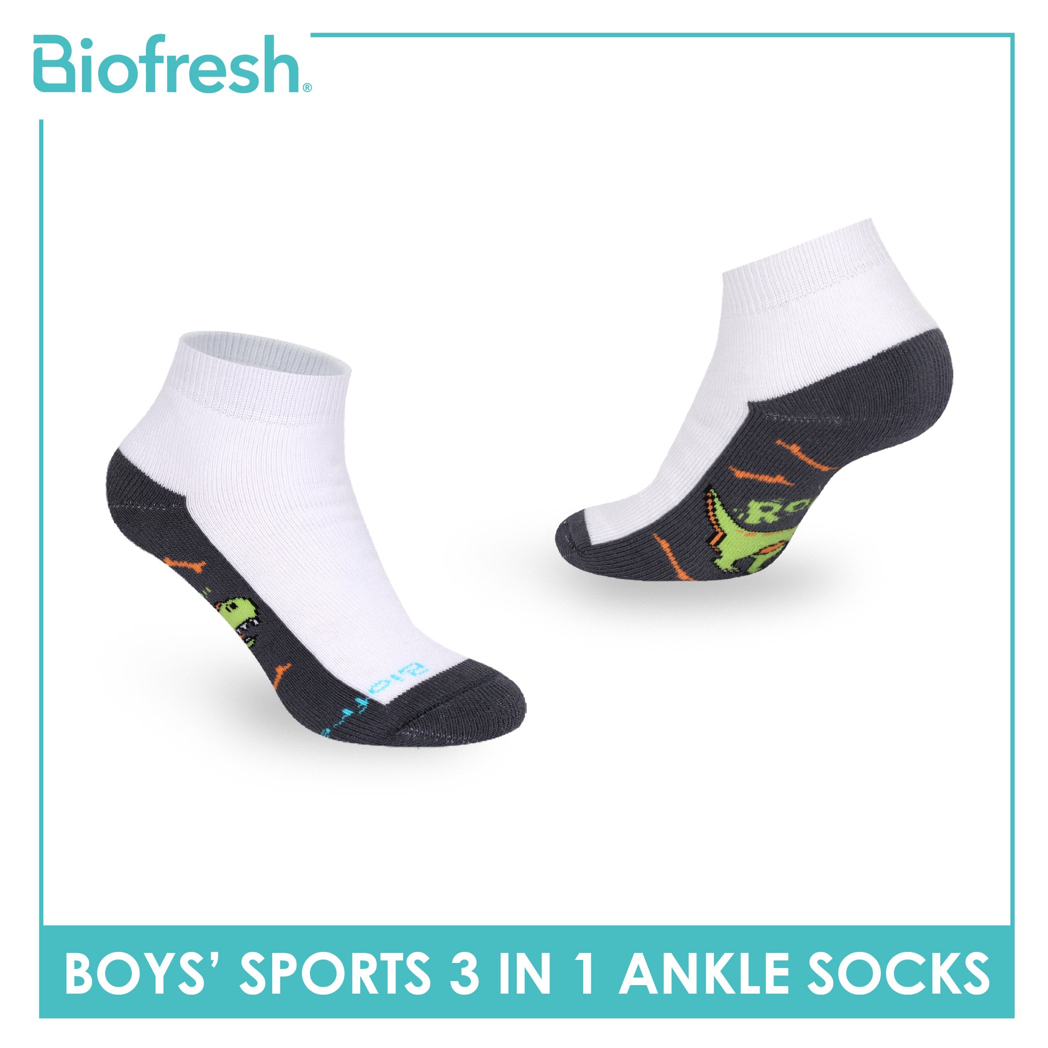 Biofresh Boys’ Antimicrobial Cotton Thick Sports Ankle Socks 3 pairs in 1 pack RBSKG43