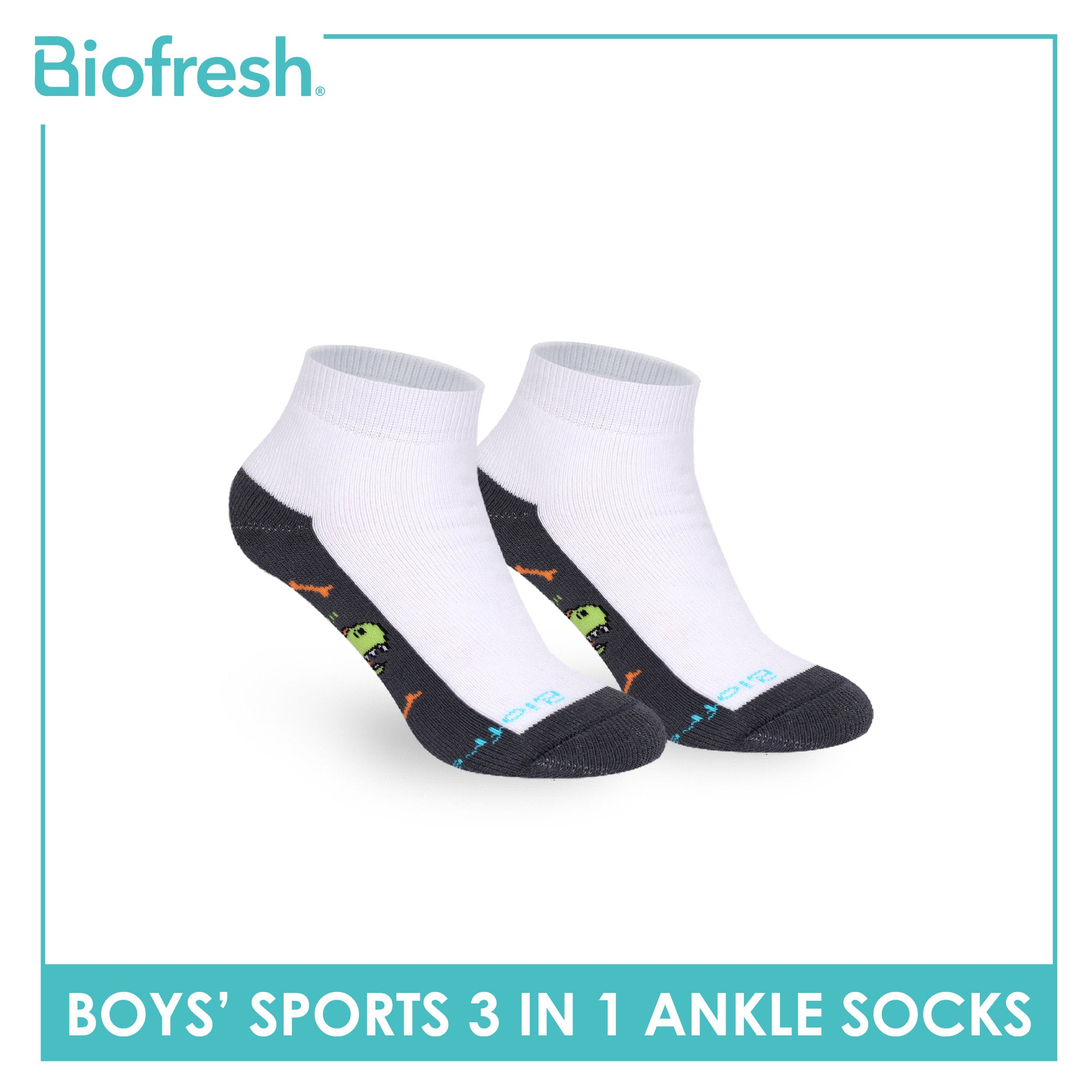 Biofresh Boys’ Antimicrobial Cotton Thick Sports Ankle Socks 3 pairs in 1 pack RBSKG43