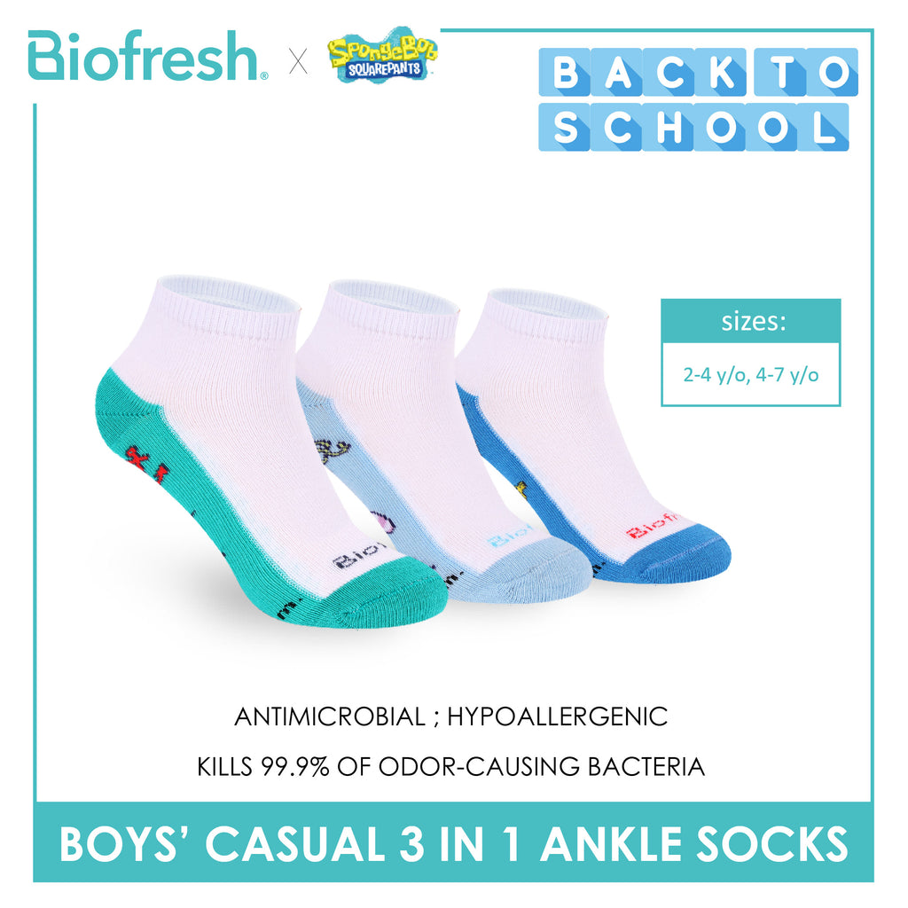 Biofresh | SpongeBob Boys' Antimicrobial Cotton Thin Casual Ankle Socks 3 pairs in 1 pack SBRBCKG6