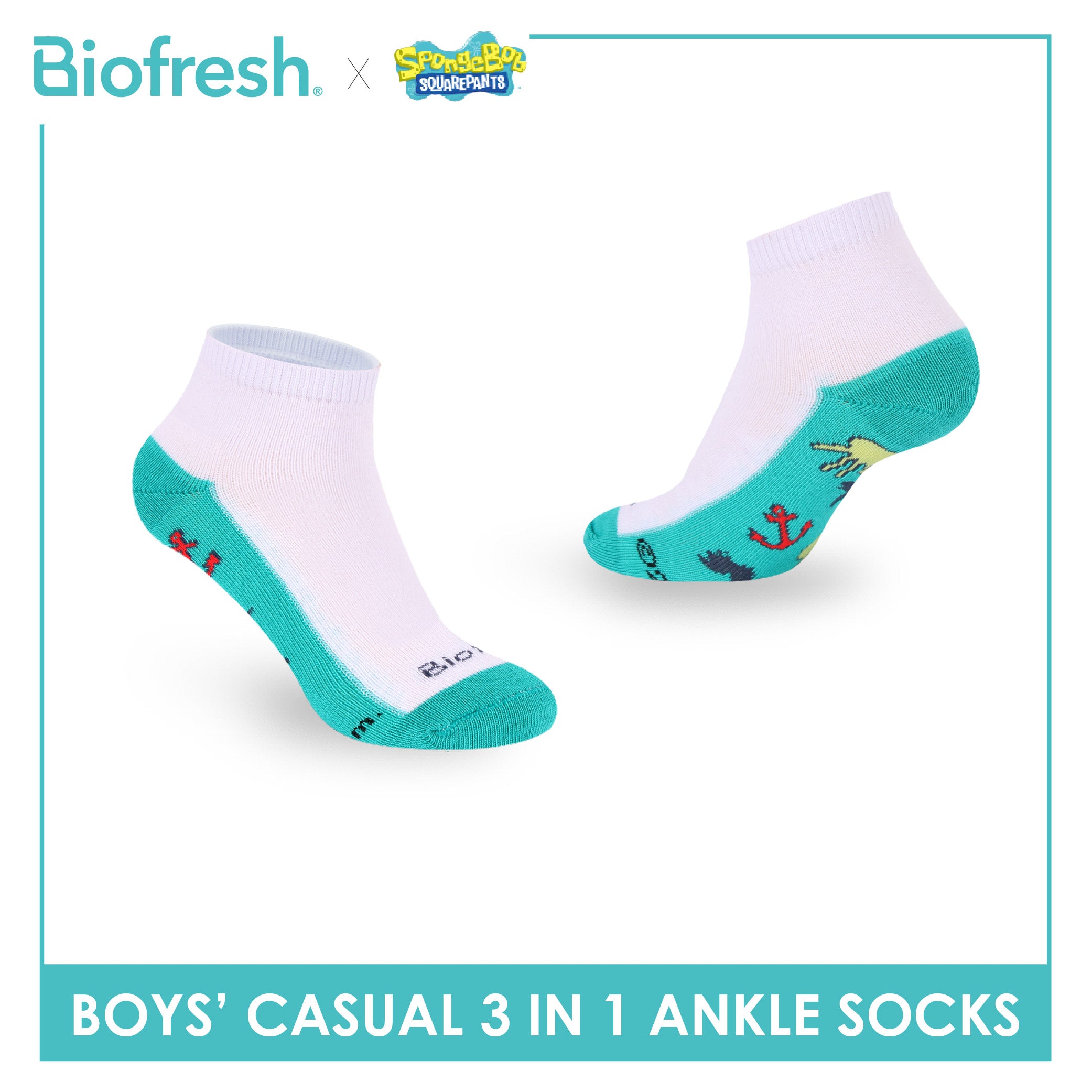 Biofresh | SpongeBob Boys' Antimicrobial Cotton Thin Casual Ankle Socks 3 pairs in 1 pack SBRBCKG6