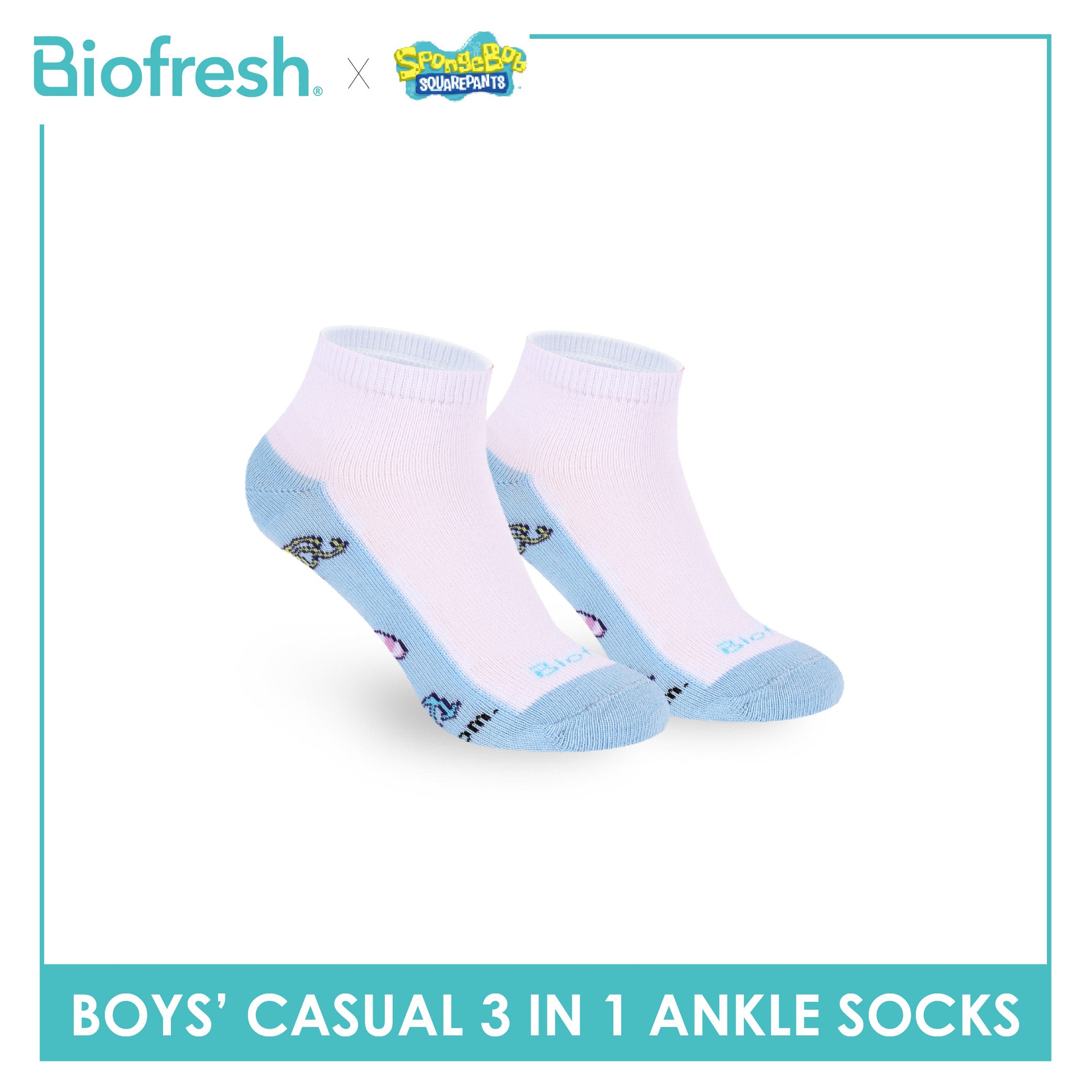 Biofresh | SpongeBob Boys' Antimicrobial Cotton Thin Casual Ankle Socks 3 pairs in 1 pack SBRBCKG6