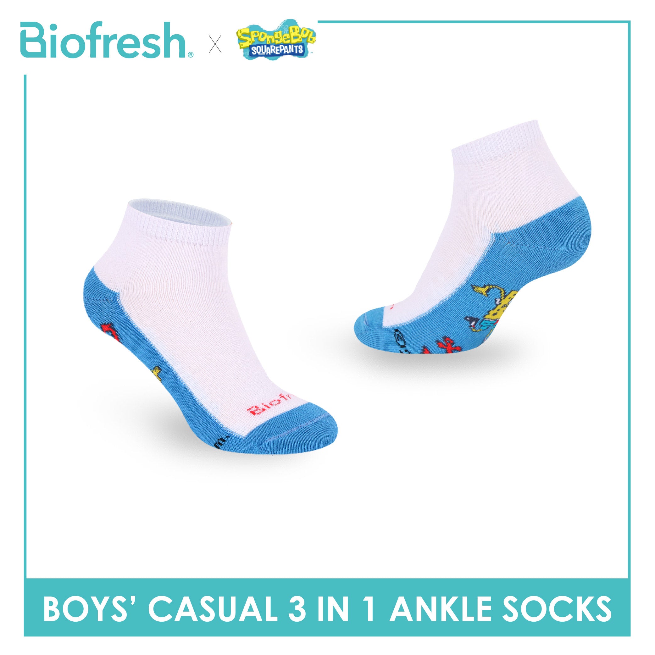 Biofresh | SpongeBob Boys' Antimicrobial Cotton Thin Casual Ankle Socks 3 pairs in 1 pack SBRBCKG6