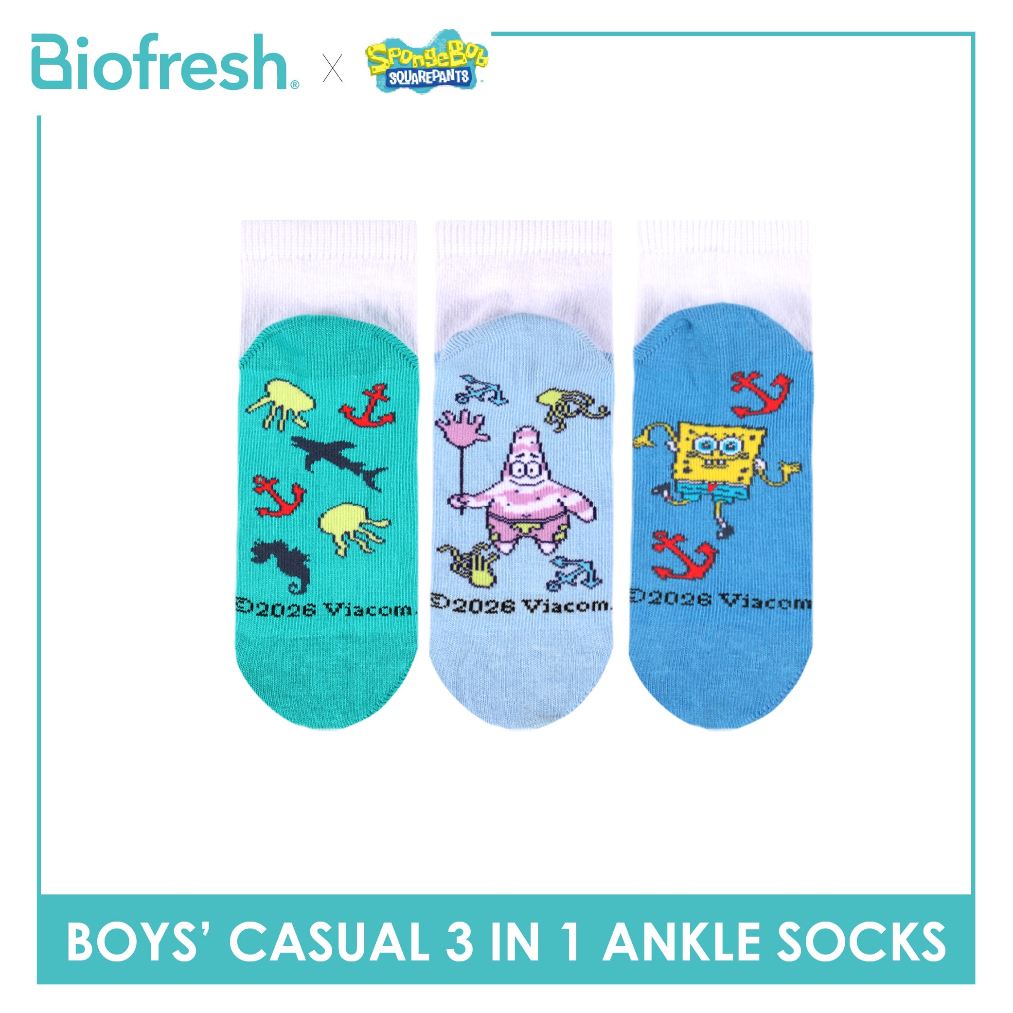Biofresh | SpongeBob Boys' Antimicrobial Cotton Thin Casual Ankle Socks 3 pairs in 1 pack SBRBCKG6