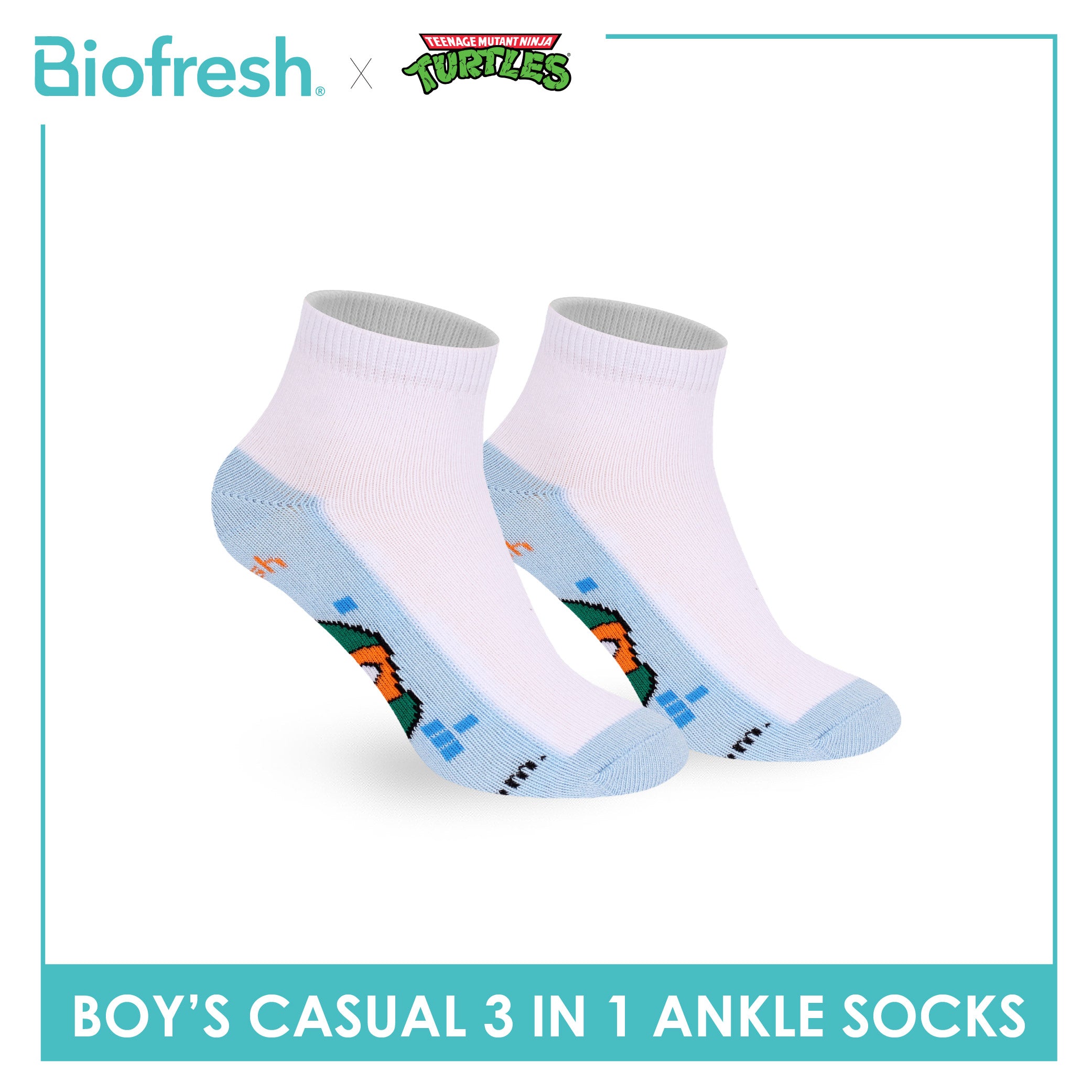 Biofresh | TMNT Boys’ Antimicrobial Cotton Thin Casual Ankle Socks 3 pairs in 1 pack NTRBCKG5