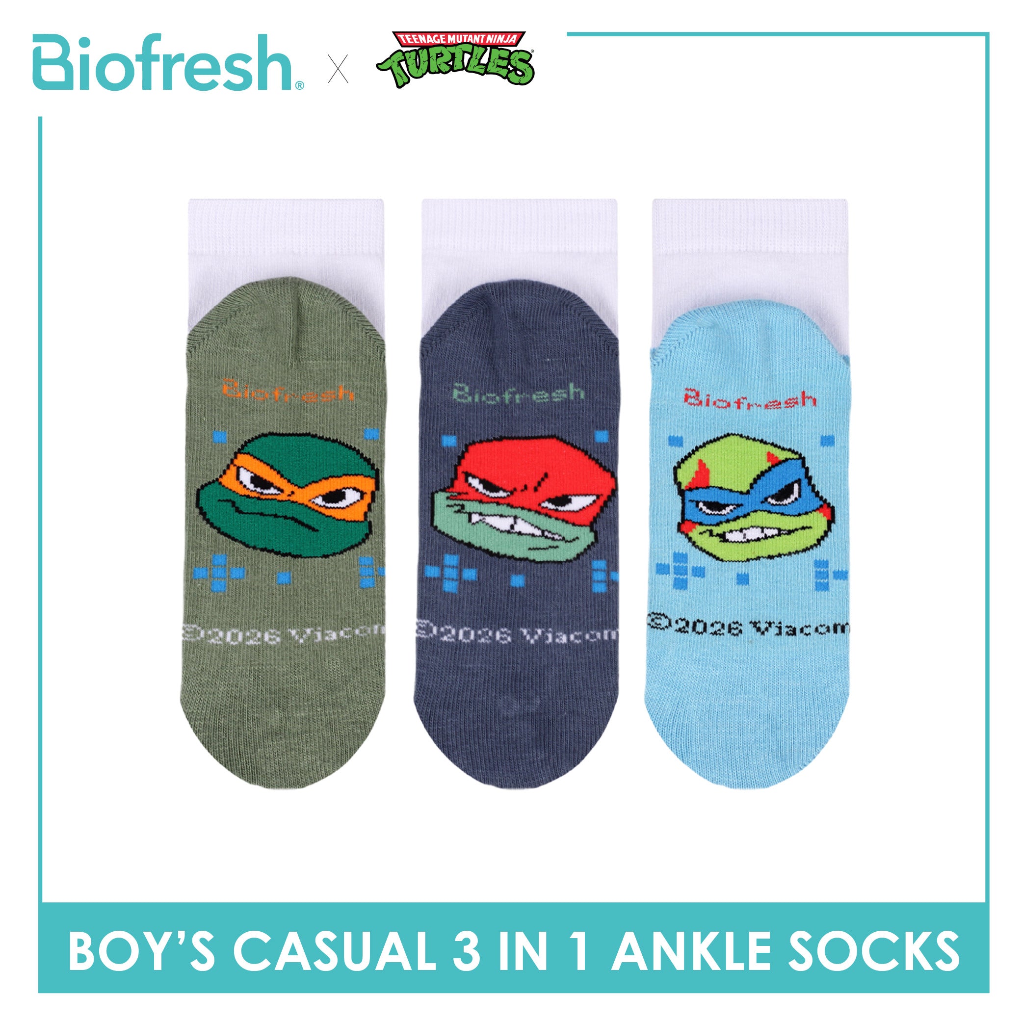 Biofresh | TMNT Boys’ Antimicrobial Cotton Thin Casual Ankle Socks 3 pairs in 1 pack NTRBCKG5