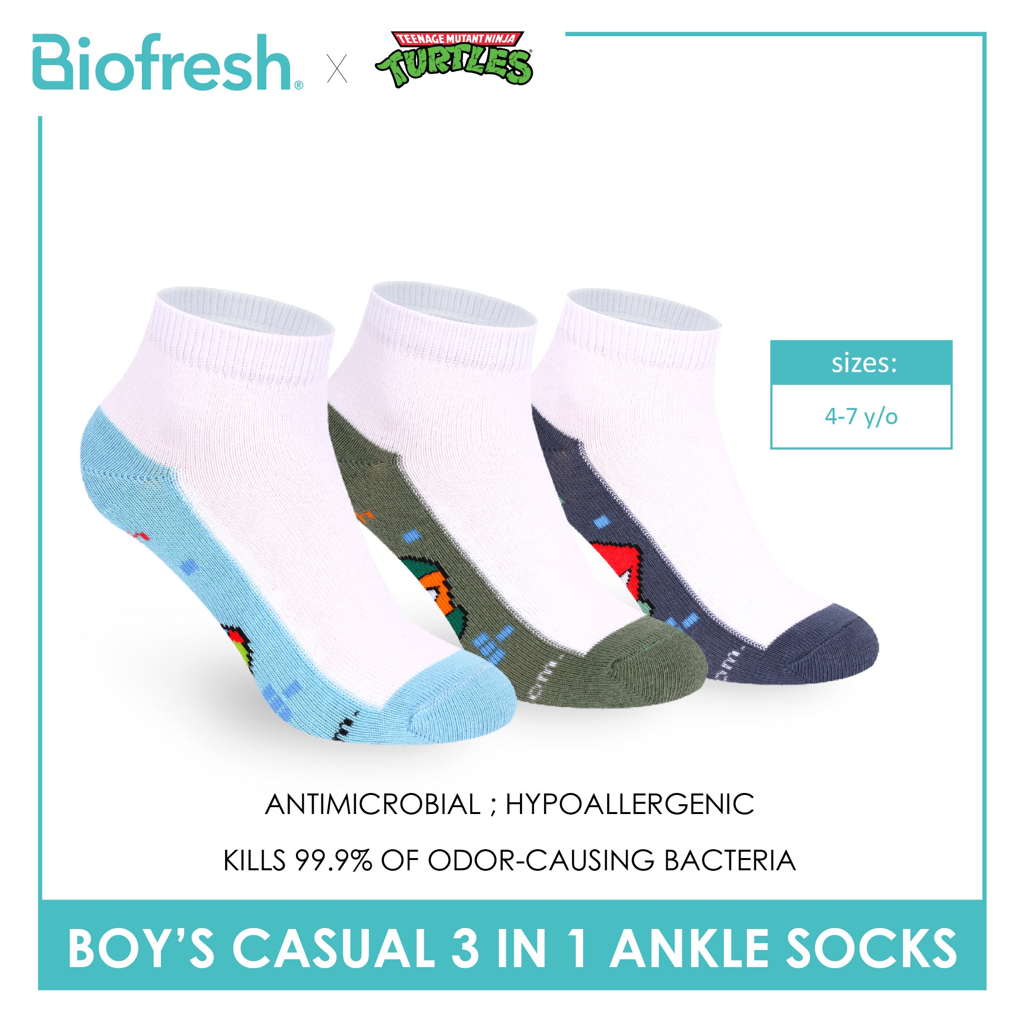 Biofresh | TMNT Boys’ Antimicrobial Cotton Thin Casual Ankle Socks 3 pairs in 1 pack NTRBCKG5