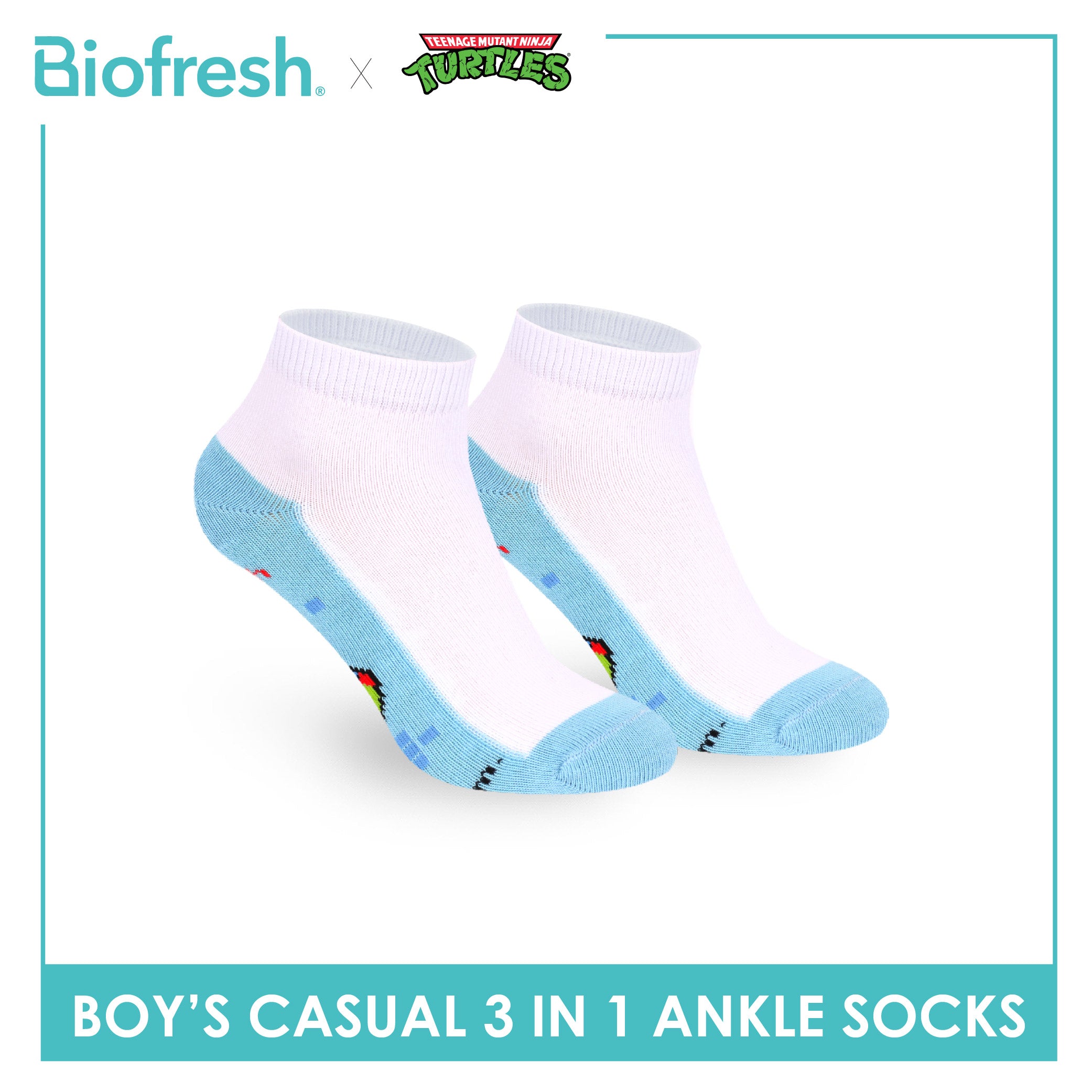 Biofresh | TMNT Boys’ Antimicrobial Cotton Thin Casual Ankle Socks 3 pairs in 1 pack NTRBCKG5