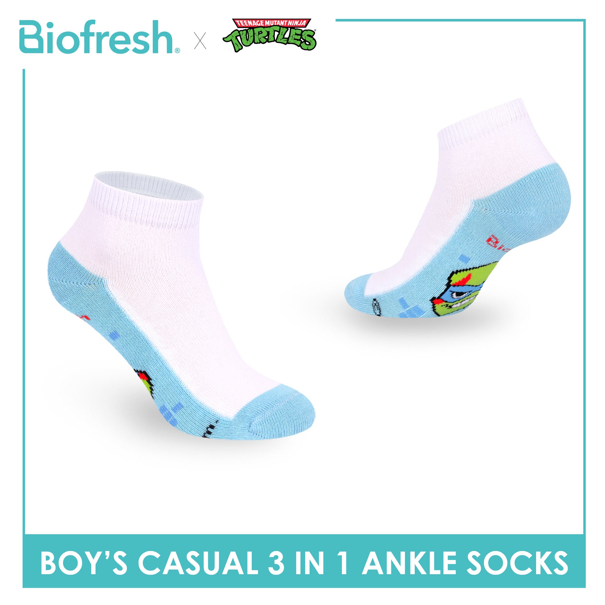 Biofresh | TMNT Boys’ Antimicrobial Cotton Thin Casual Ankle Socks 3 pairs in 1 pack NTRBCKG5