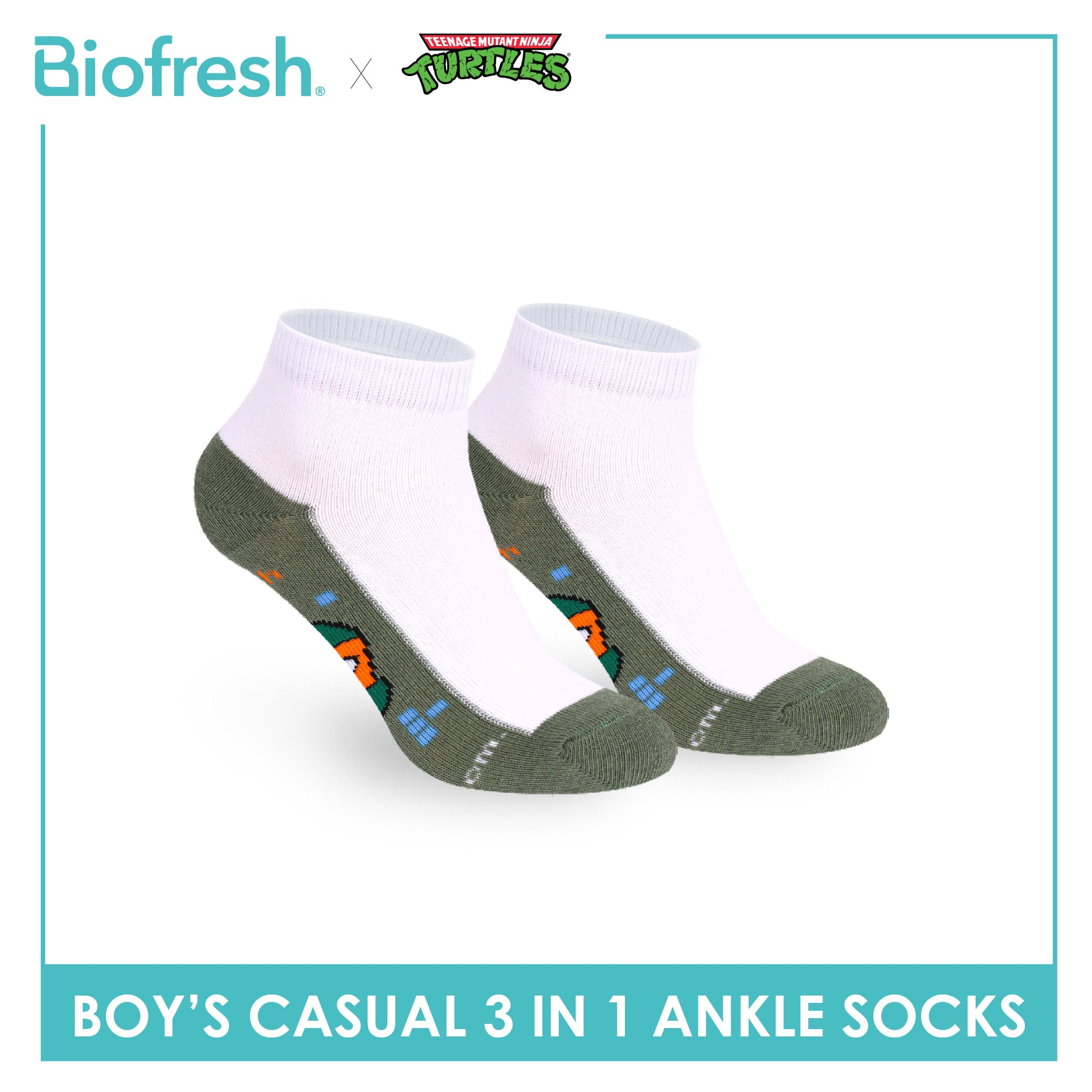 Biofresh | TMNT Boys’ Antimicrobial Cotton Thin Casual Ankle Socks 3 pairs in 1 pack NTRBCKG5