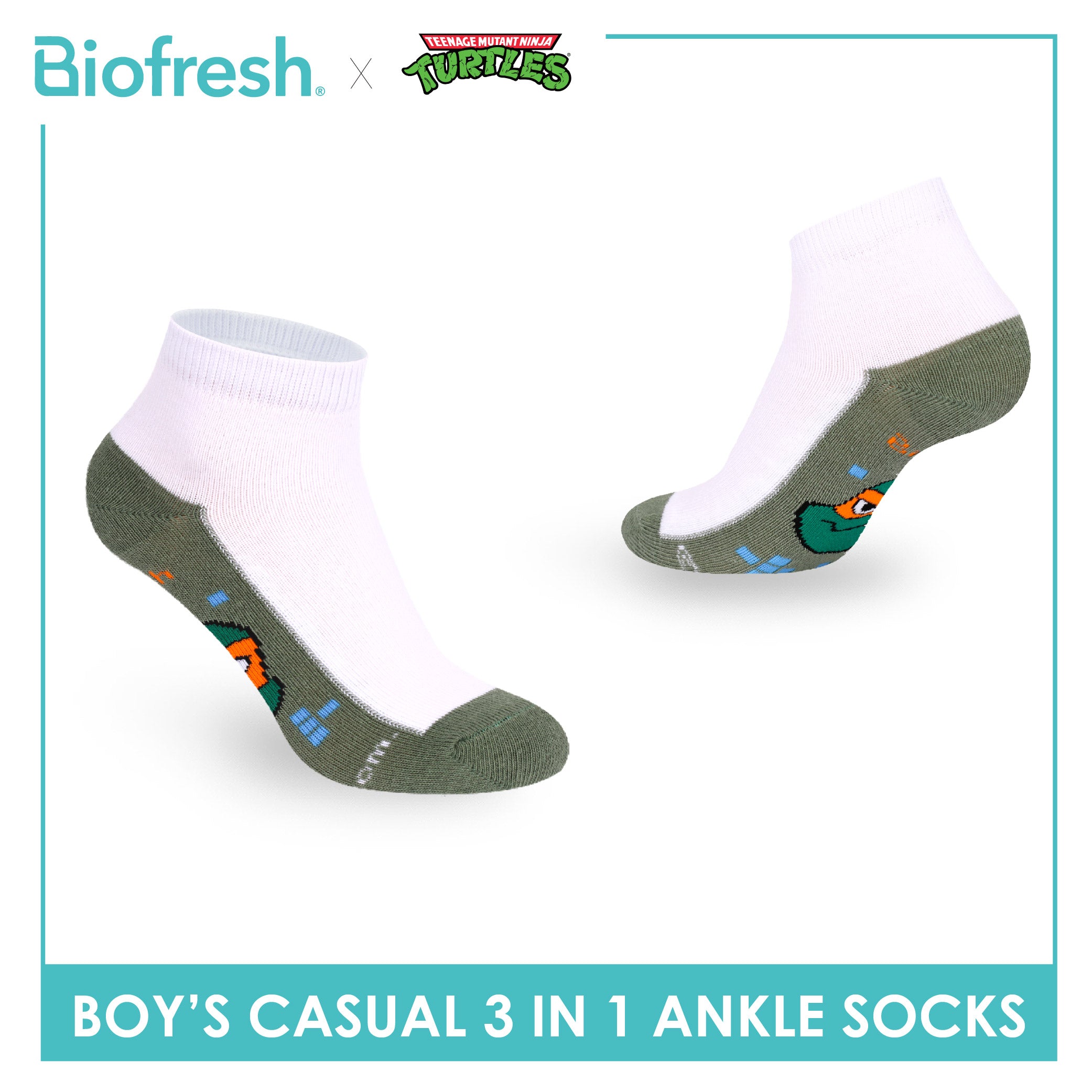 Biofresh | TMNT Boys’ Antimicrobial Cotton Thin Casual Ankle Socks 3 pairs in 1 pack NTRBCKG5