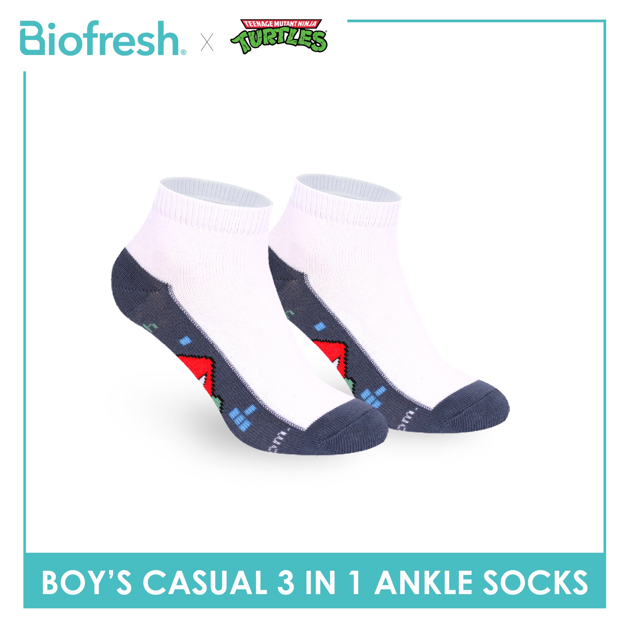 Biofresh | TMNT Boys’ Antimicrobial Cotton Thin Casual Ankle Socks 3 pairs in 1 pack NTRBCKG5