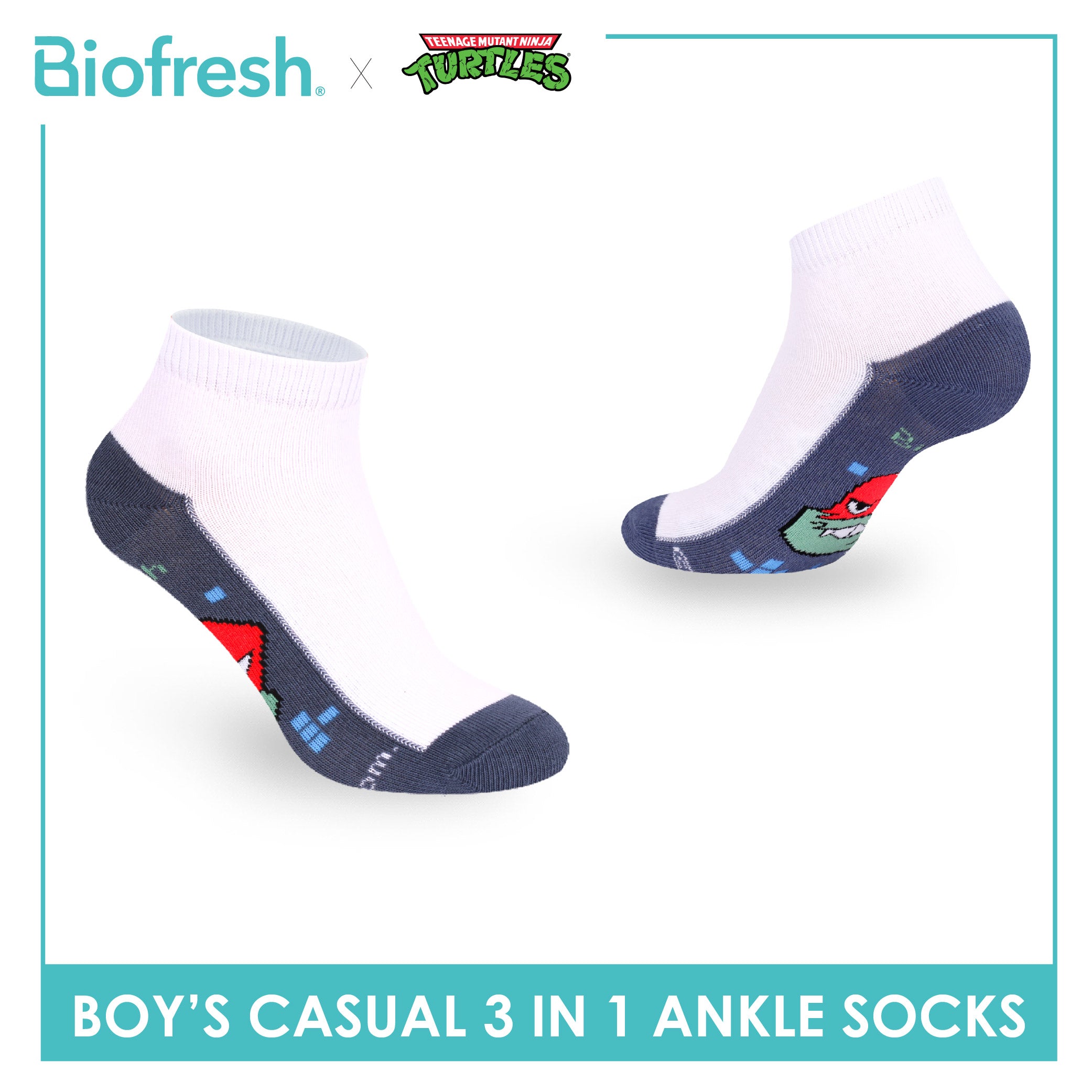 Biofresh | TMNT Boys’ Antimicrobial Cotton Thin Casual Ankle Socks 3 pairs in 1 pack NTRBCKG5