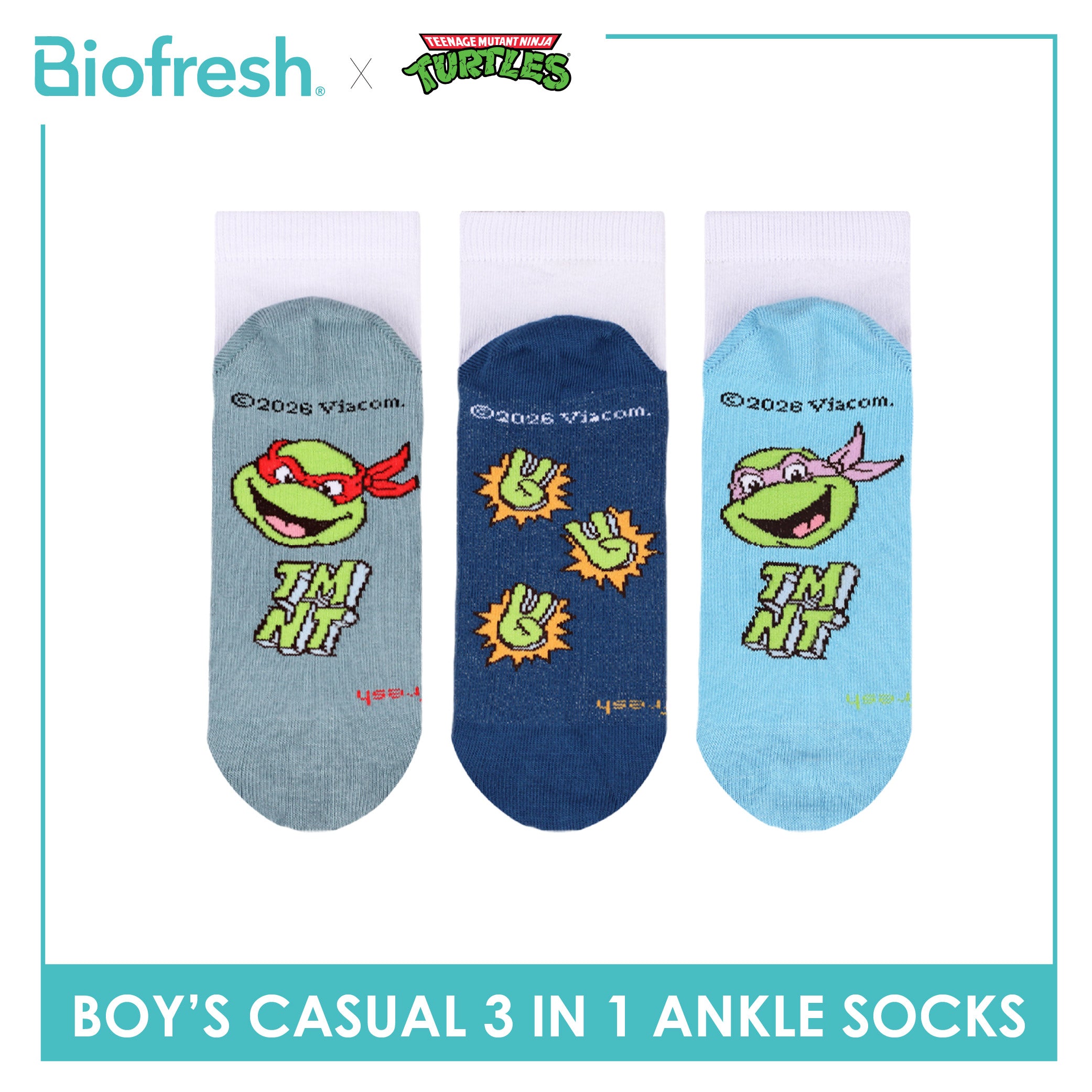 Biofresh | TMNT Boys’ Antimicrobial Cotton Thin Casual Ankle Socks 3 pairs in 1 pack NTRBCKG6