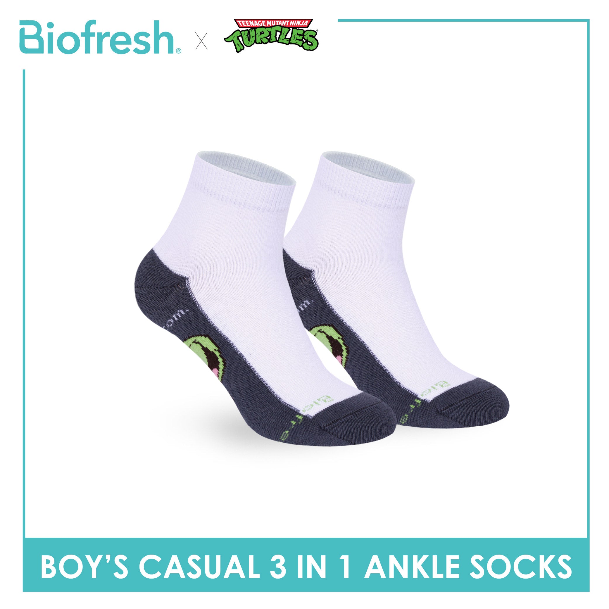 Biofresh | TMNT Boys’ Antimicrobial Cotton Thin Casual Ankle Socks 3 pairs in 1 pack NTRBCKG6
