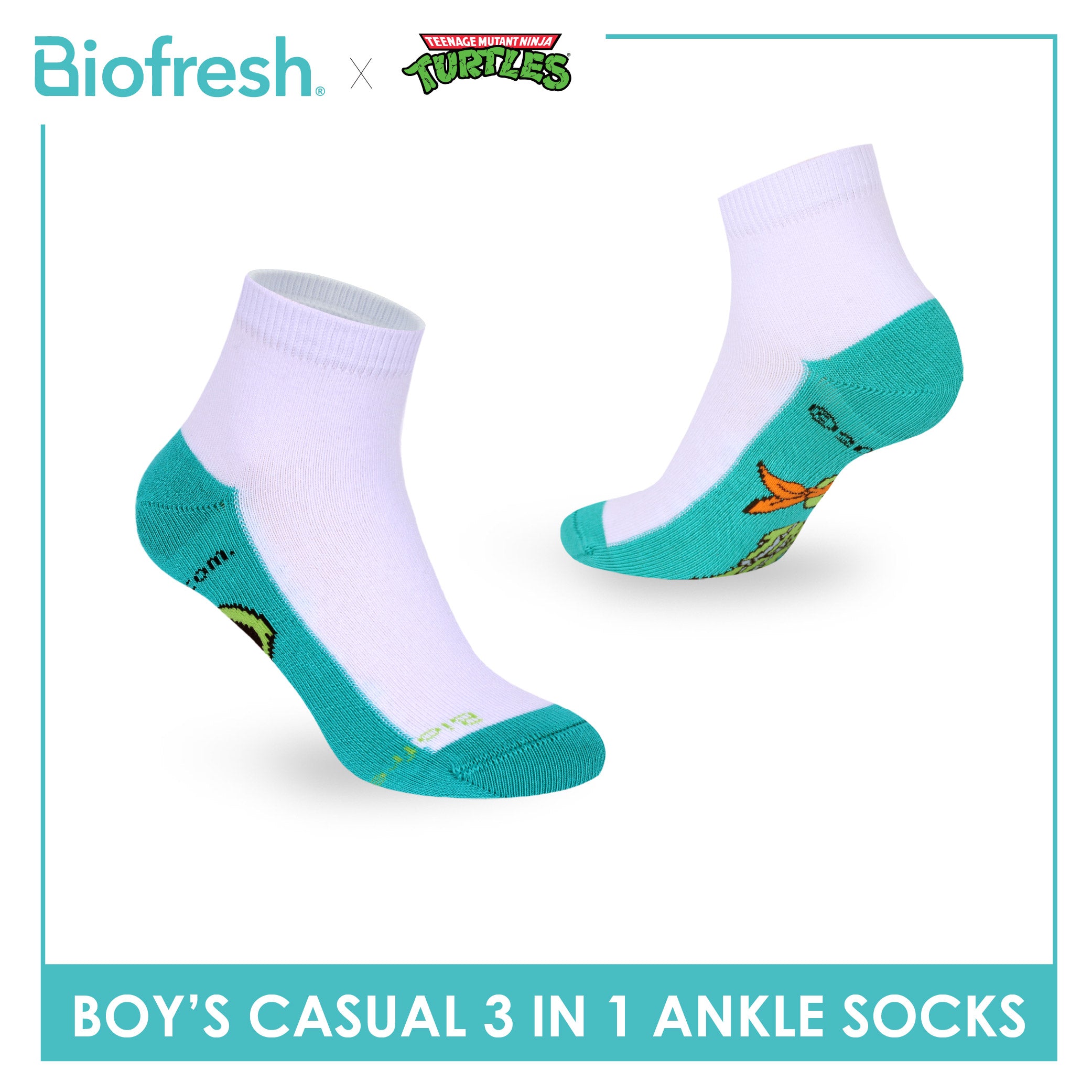 Biofresh | TMNT Boys’ Antimicrobial Cotton Thin Casual Ankle Socks 3 pairs in 1 pack NTRBCKG6