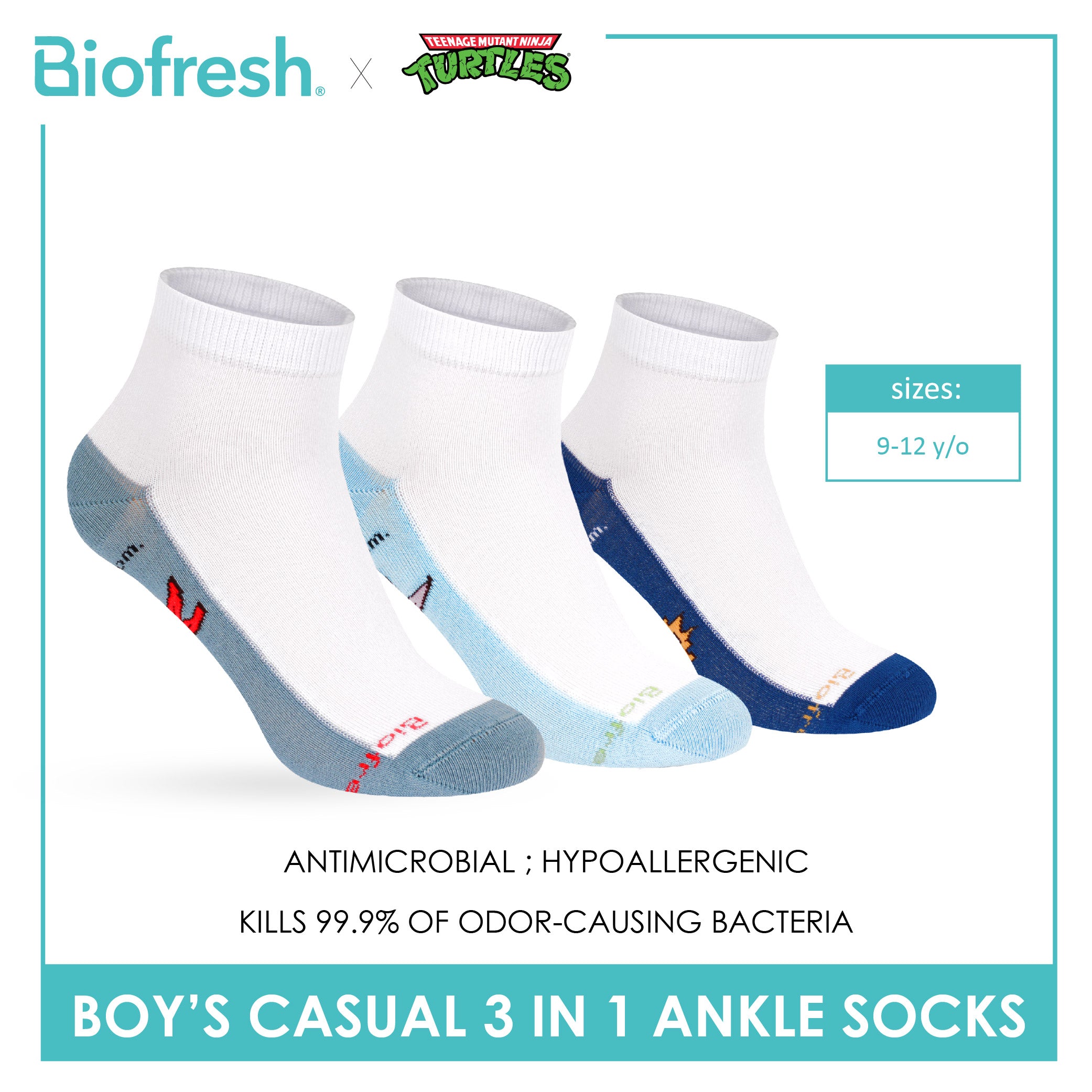Biofresh | TMNT Boys’ Antimicrobial Cotton Thin Casual Ankle Socks 3 pairs in 1 pack NTRBCKG6