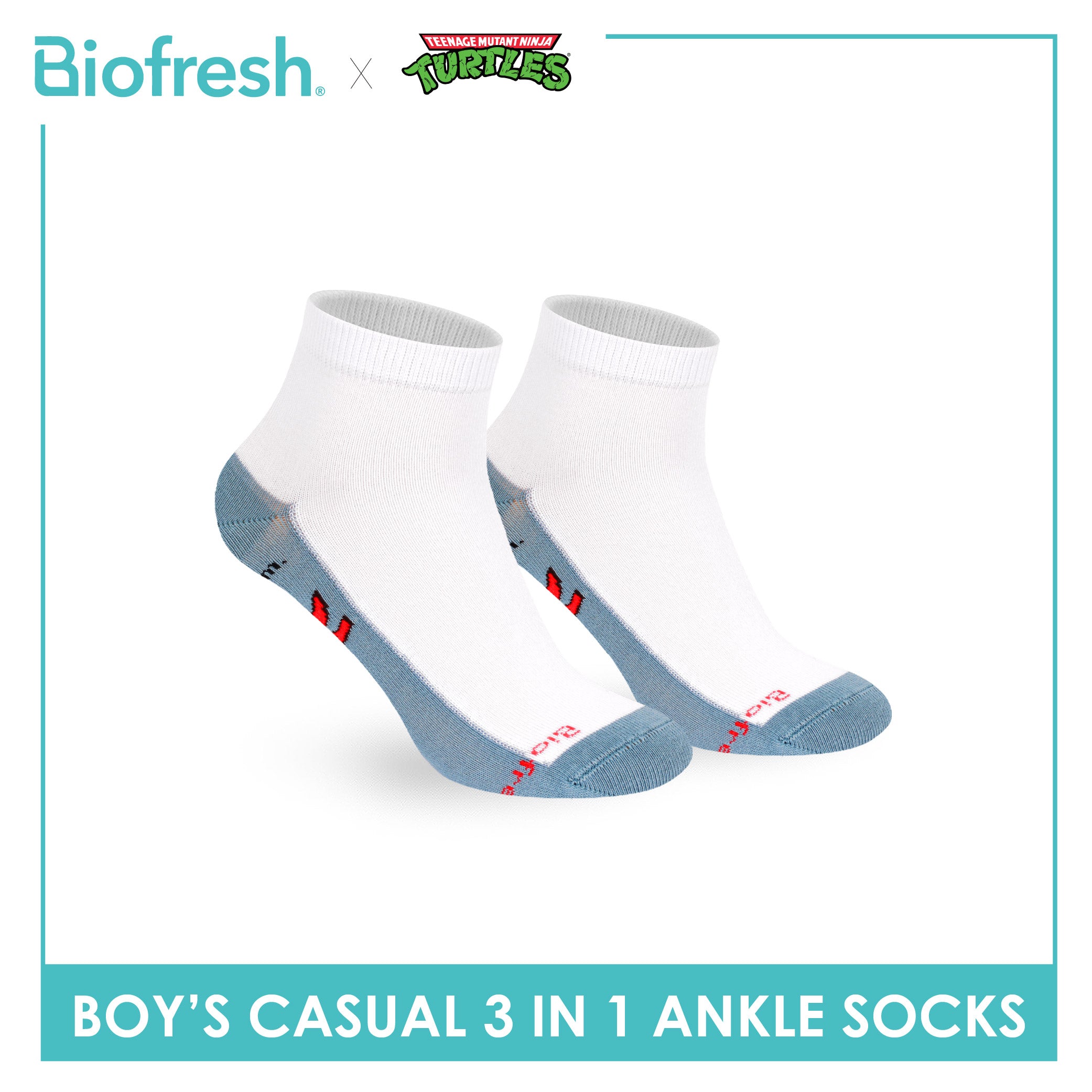 Biofresh | TMNT Boys’ Antimicrobial Cotton Thin Casual Ankle Socks 3 pairs in 1 pack NTRBCKG6