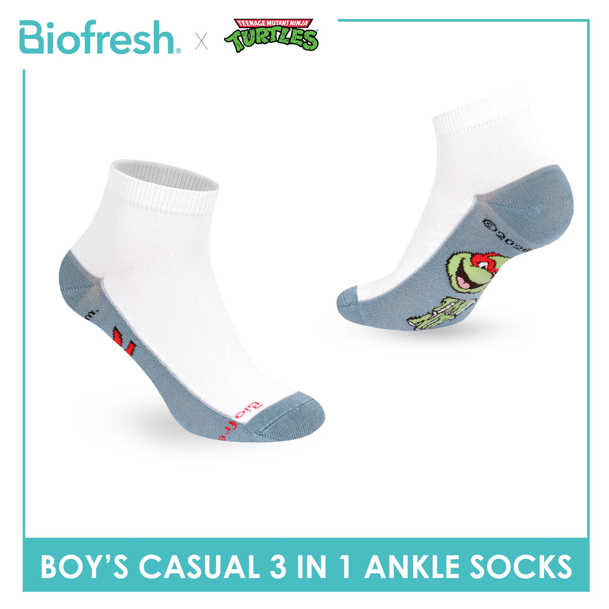 Biofresh | TMNT Boys’ Antimicrobial Cotton Thin Casual Ankle Socks 3 pairs in 1 pack NTRBCKG6