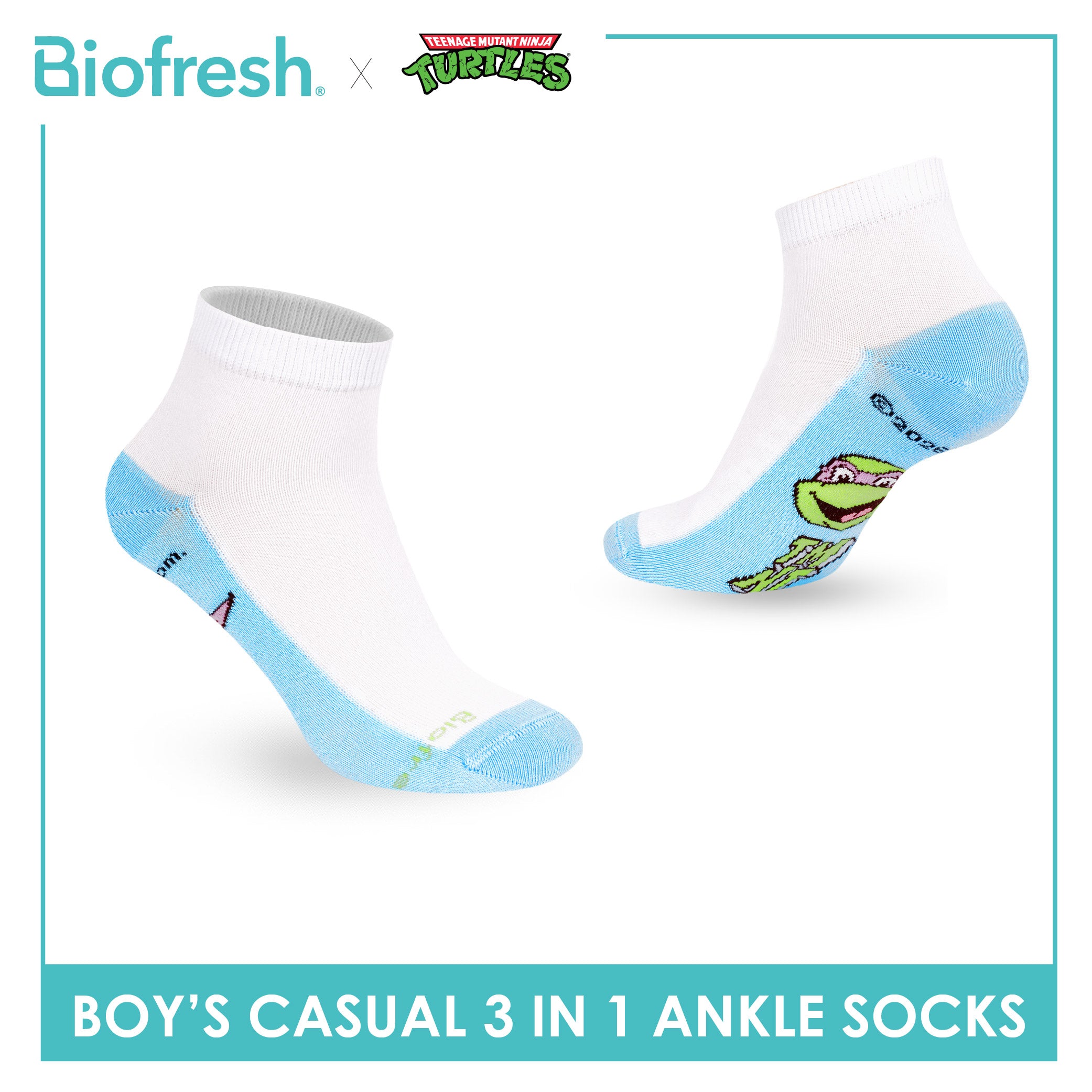 Biofresh | TMNT Boys’ Antimicrobial Cotton Thin Casual Ankle Socks 3 pairs in 1 pack NTRBCKG6