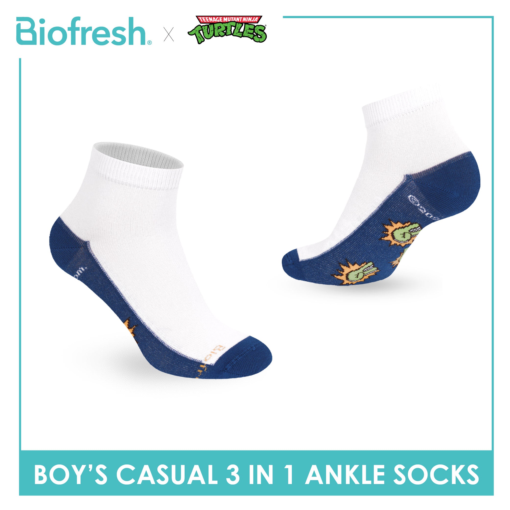Biofresh | TMNT Boys’ Antimicrobial Cotton Thin Casual Ankle Socks 3 pairs in 1 pack NTRBCKG6