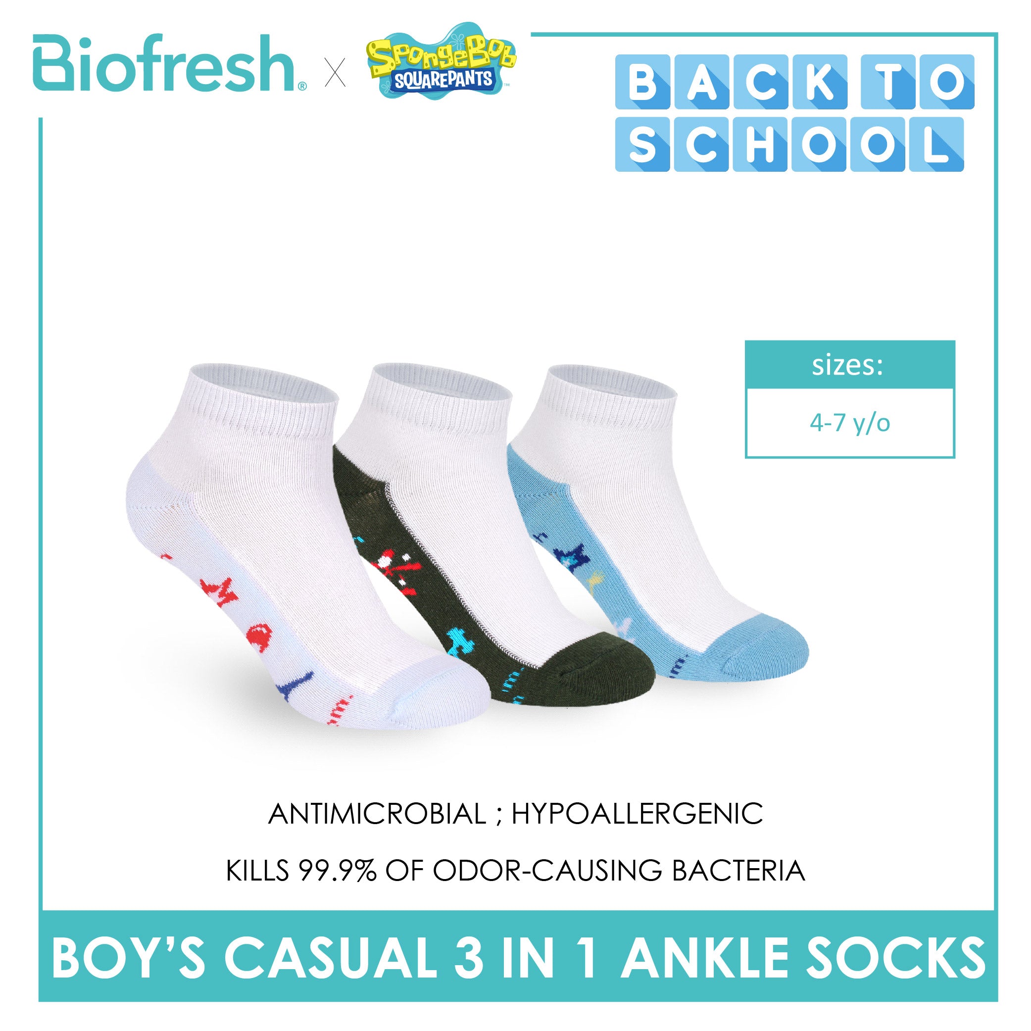 Biofresh | SpongeBob Boys' Antimicrobial Cotton Thin Casual Ankle Socks 3 pairs in 1 pack SBRBCKG7