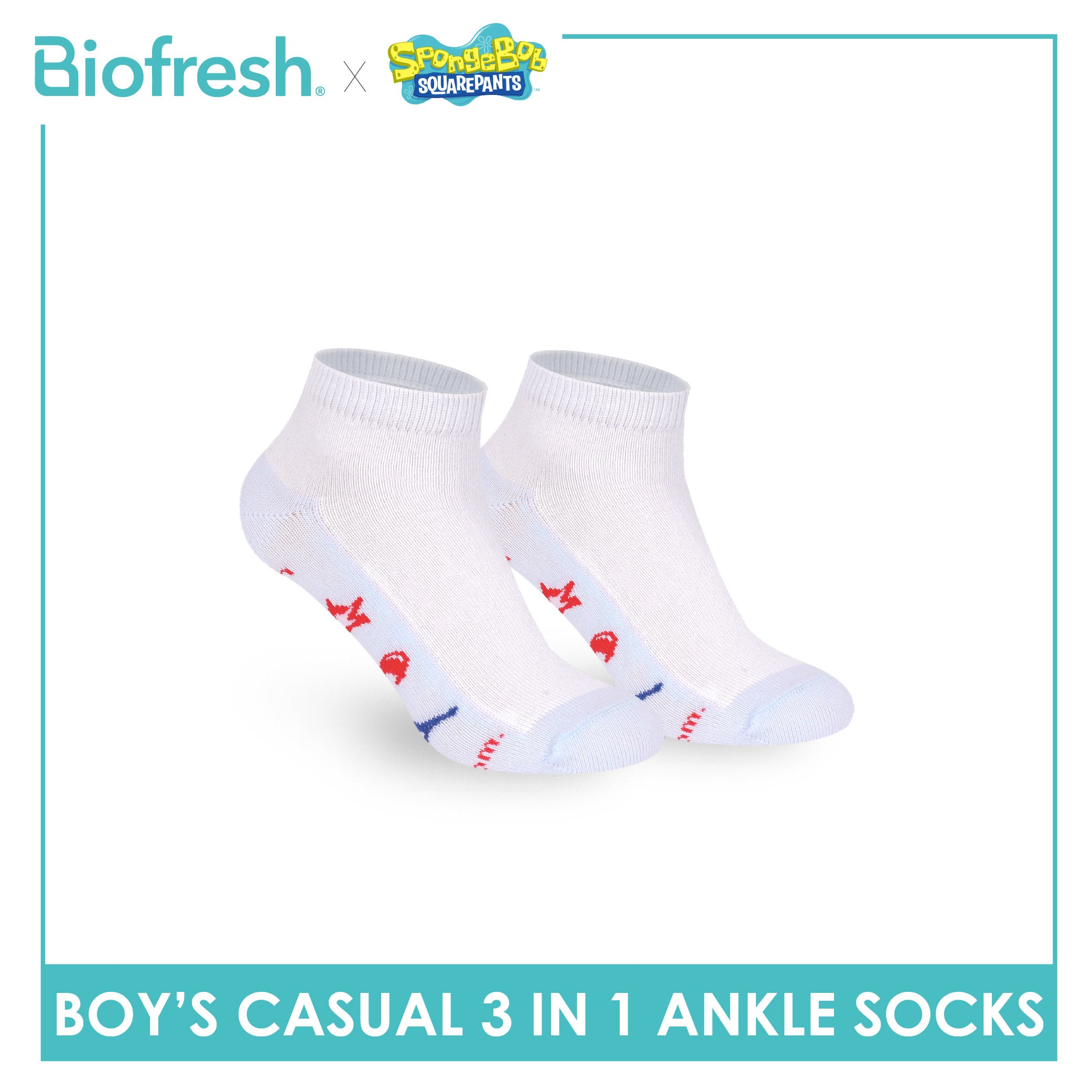 Biofresh | SpongeBob Boys' Antimicrobial Cotton Thin Casual Ankle Socks 3 pairs in 1 pack SBRBCKG7