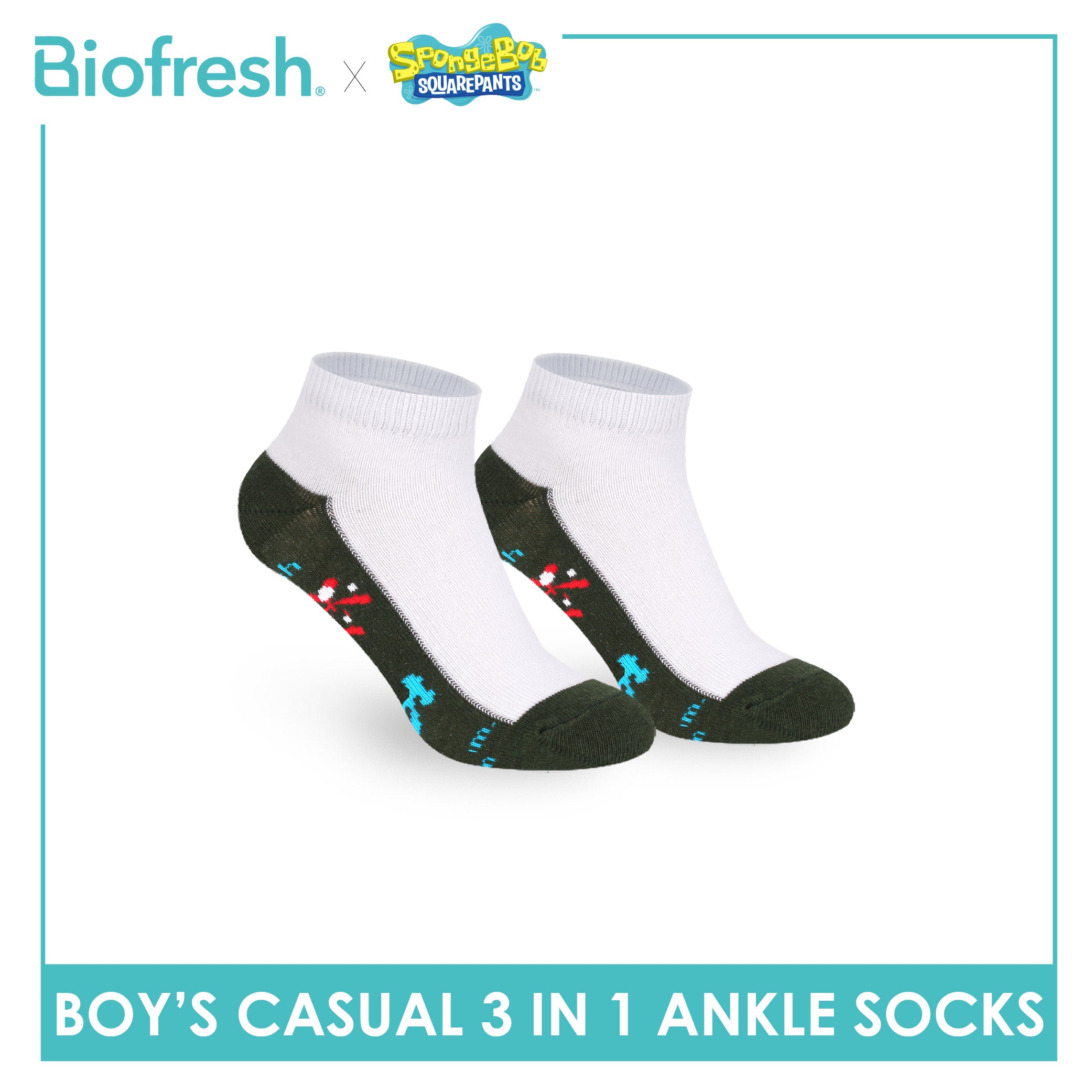 Biofresh | SpongeBob Boys' Antimicrobial Cotton Thin Casual Ankle Socks 3 pairs in 1 pack SBRBCKG7