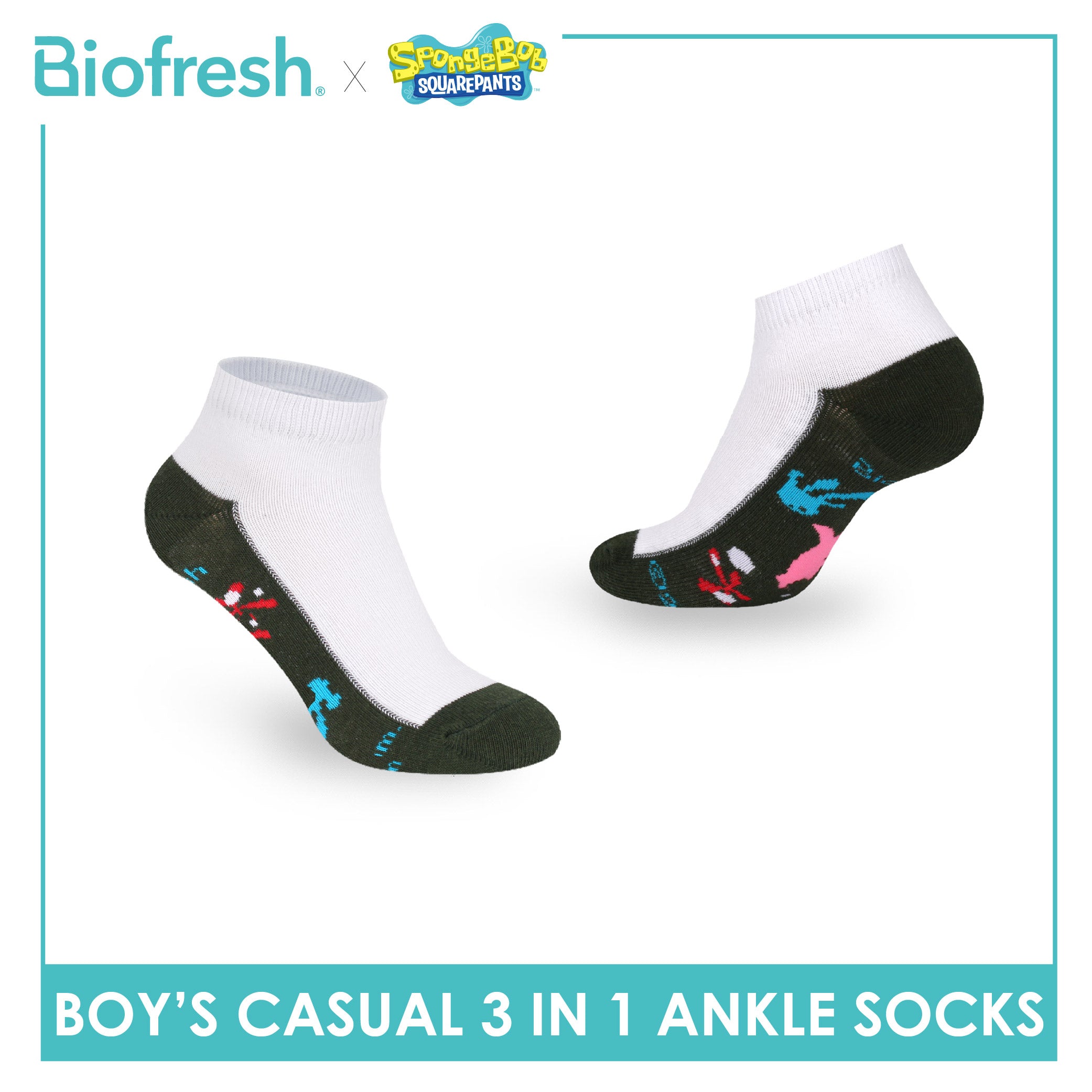 Biofresh | SpongeBob Boys' Antimicrobial Cotton Thin Casual Ankle Socks 3 pairs in 1 pack SBRBCKG7